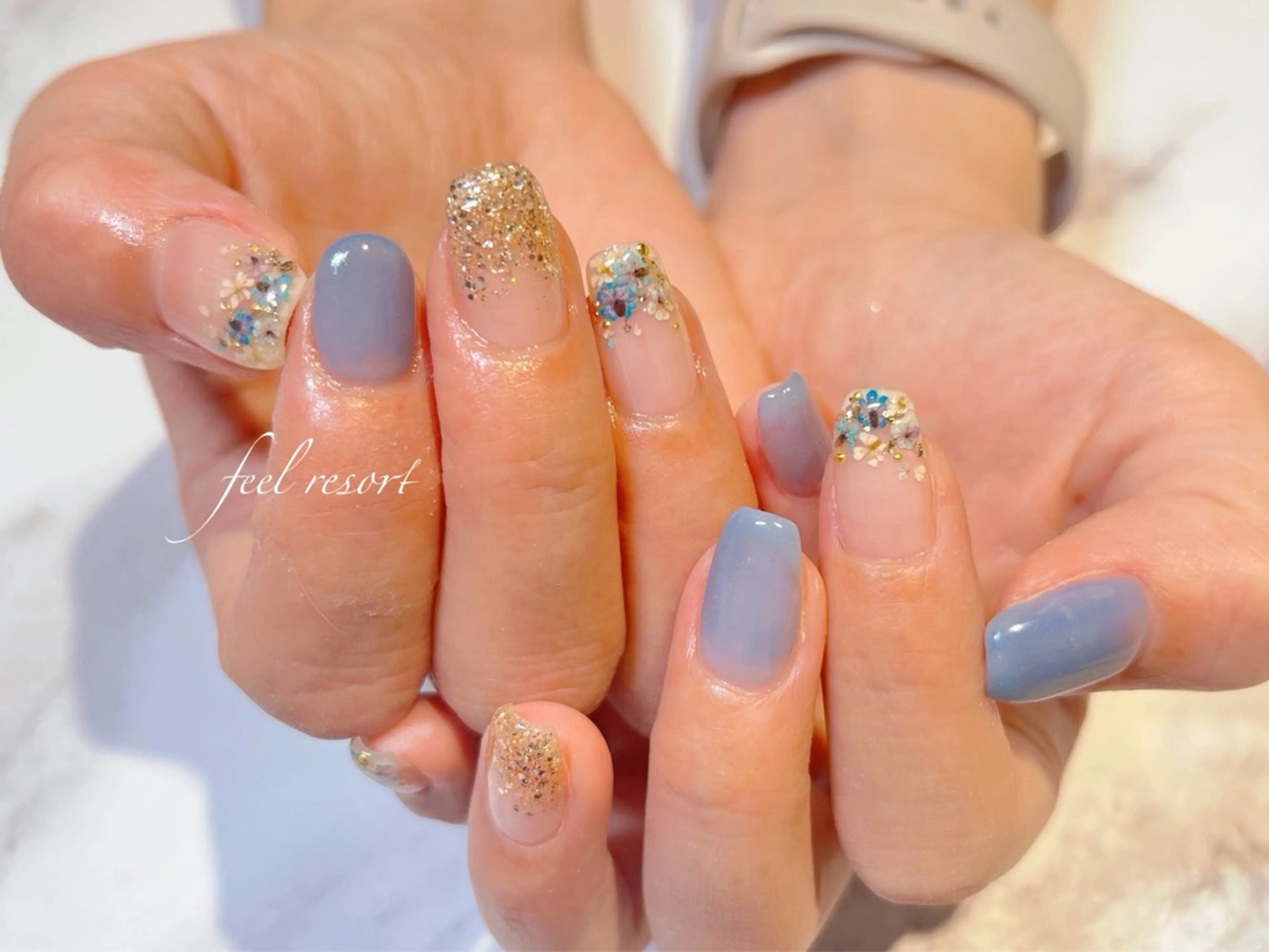 ネイル ブルー 長さ出し フットネイル フレンチネイル ジェルネイル ハンドネイル Lien（リアン） 銀座駅6分のネイルデザイン