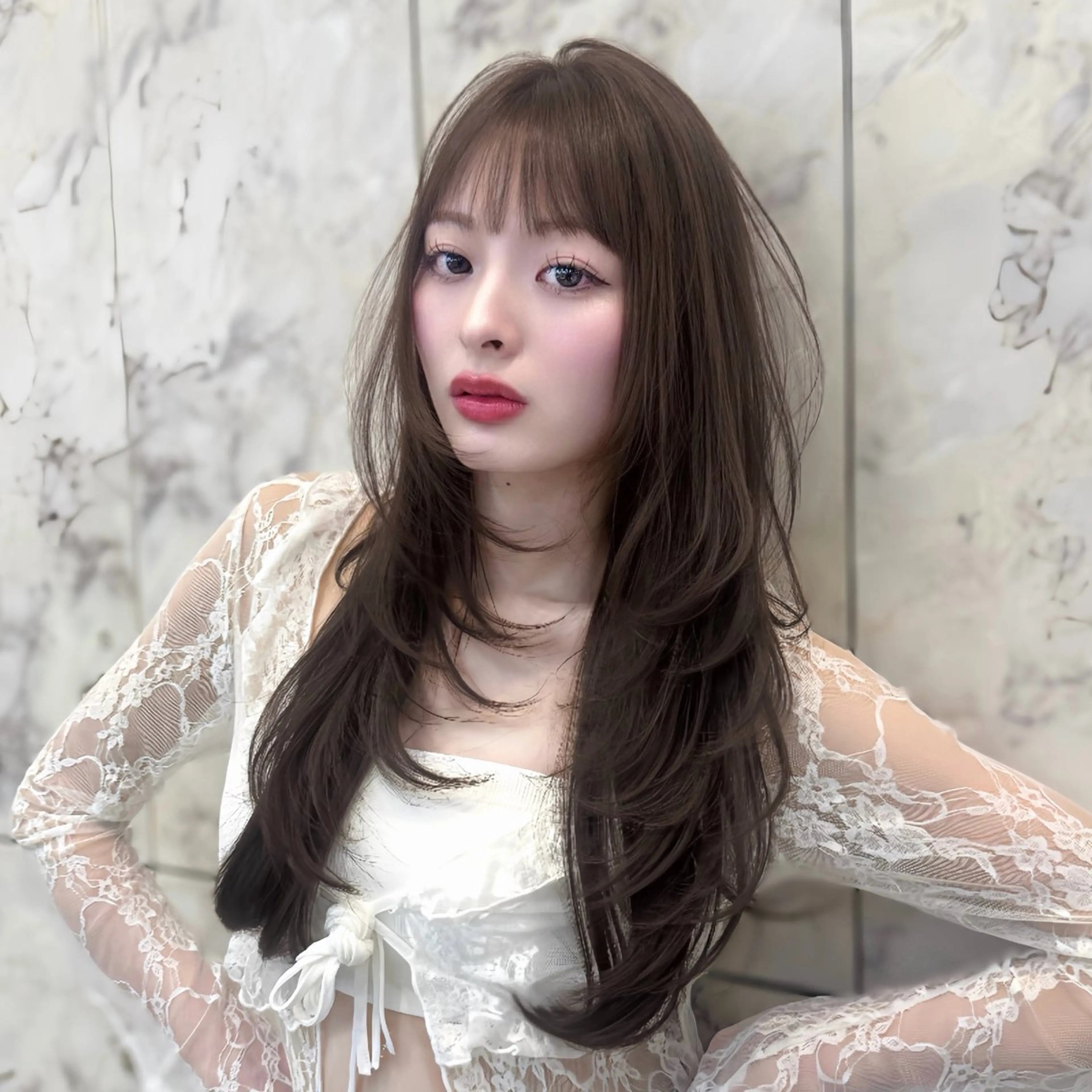 ロング カラー グレージュ モカグレージュ レイヤーカット カット ヘアカラー トリートメント ヘアセット 新宿/韓国レイヤー 髪質改善カラー/角所のヘアスタイル