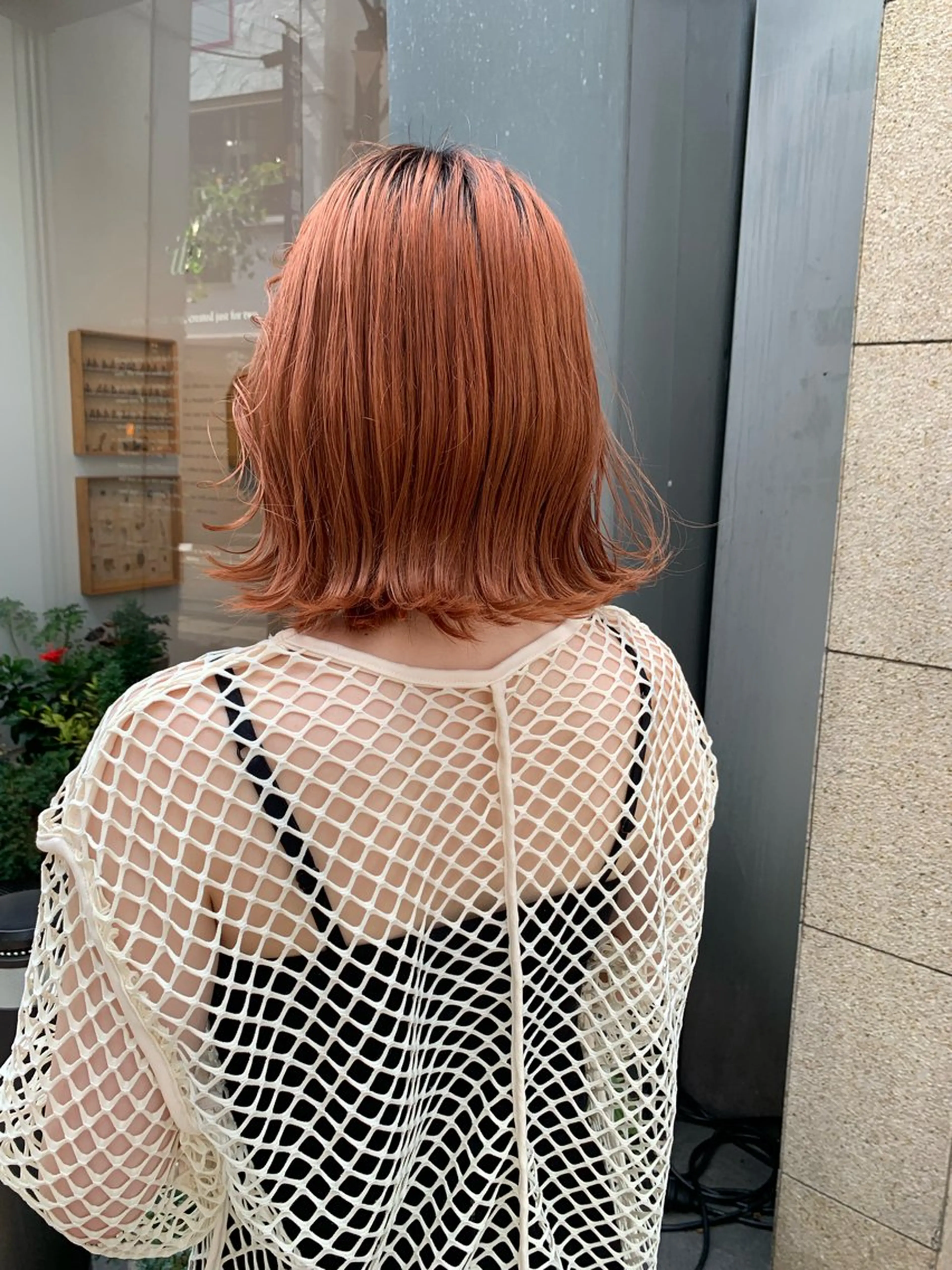 ミディアム カラー ブリーチ ブラウンカラー ラベンダーカラー ブリーチなしカラー オレンジ nao/福岡美容室 パーマ/ボブパーマのヘアスタイル