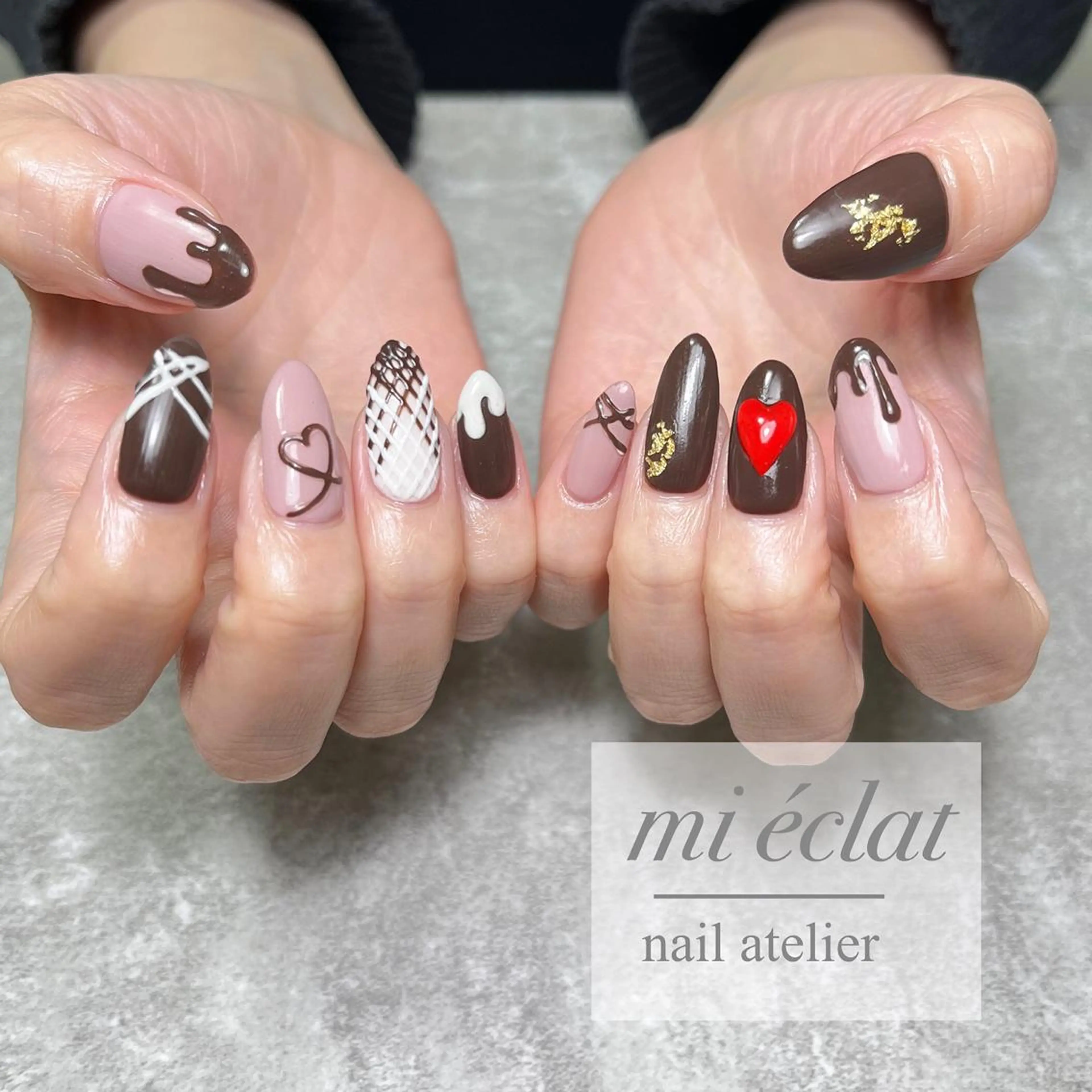 ネイル アートネイル ブラウン 桜ネイル フレンチネイル ジェルネイル mi éclat ミ エクラのネイルデザイン
