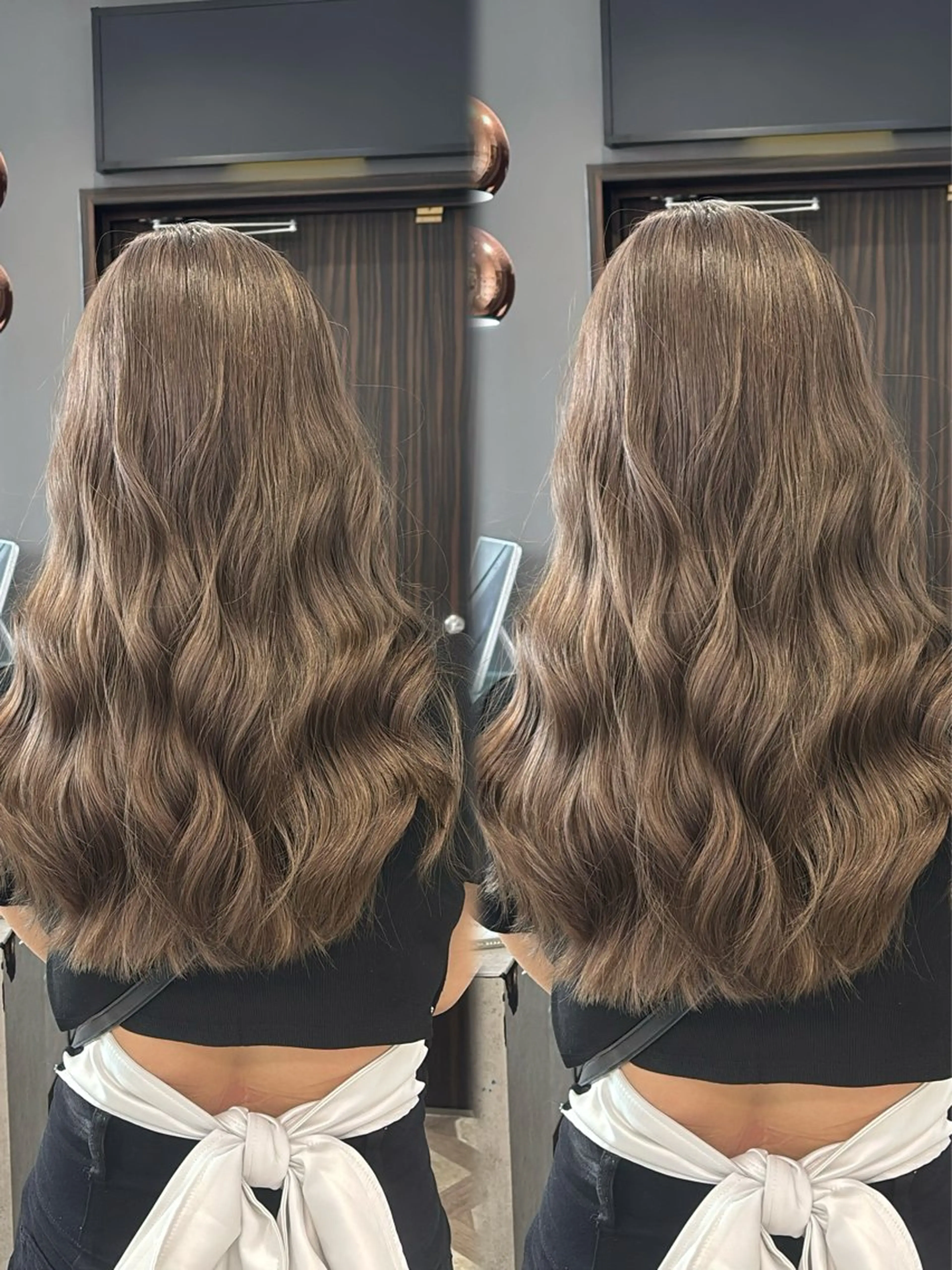 ロング ヘアカラー トリートメント 韓国ヘア/ブリーチ無 しWカラー/オリーブのヘアスタイル