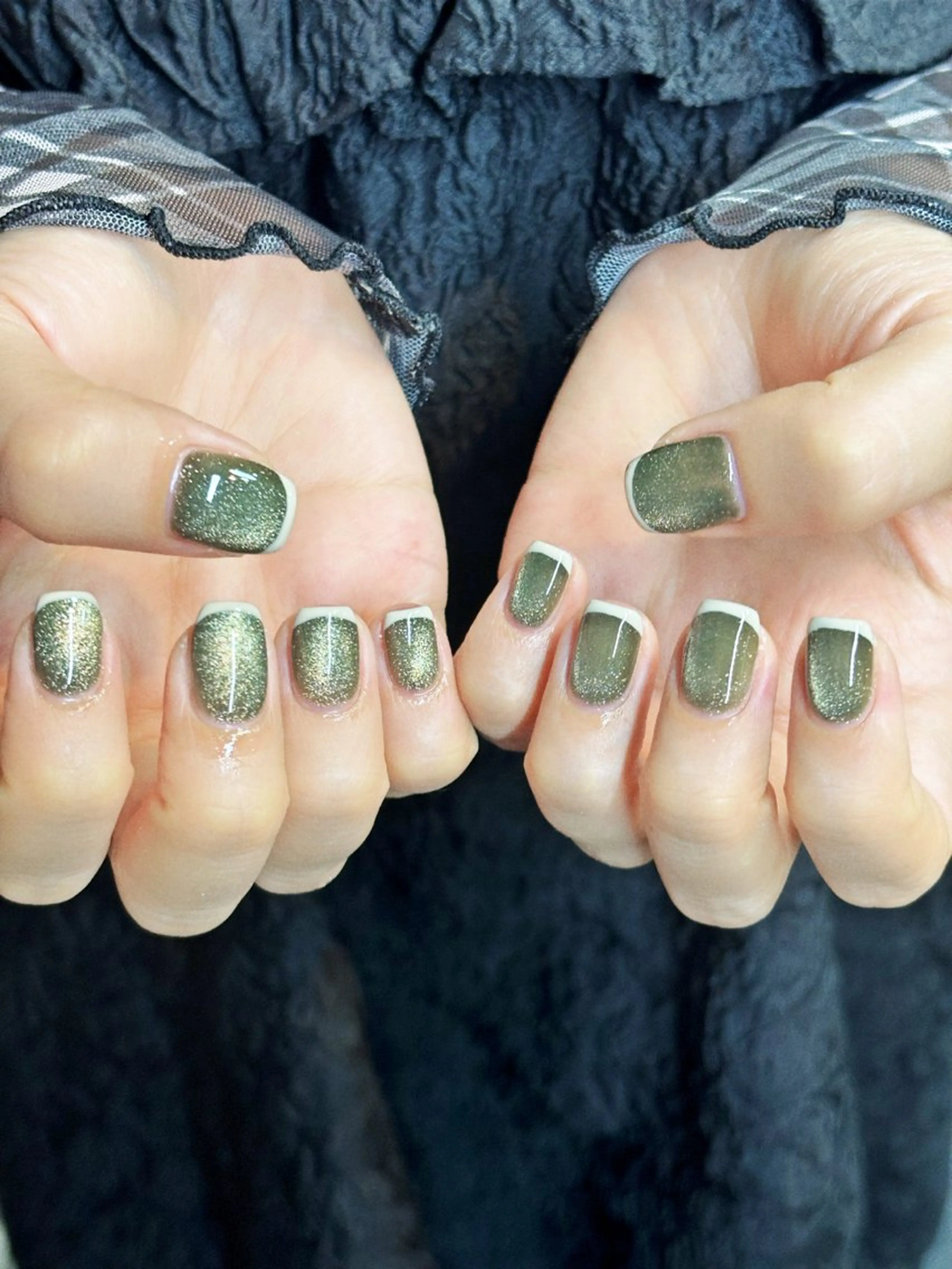 ネイル フレンチネイル グリーン マグネットネイル シンプルネイル ハンドネイル ハンドケア 🎀NAIL🎀 AI🪄︎︎◝✩のネイルデザイン