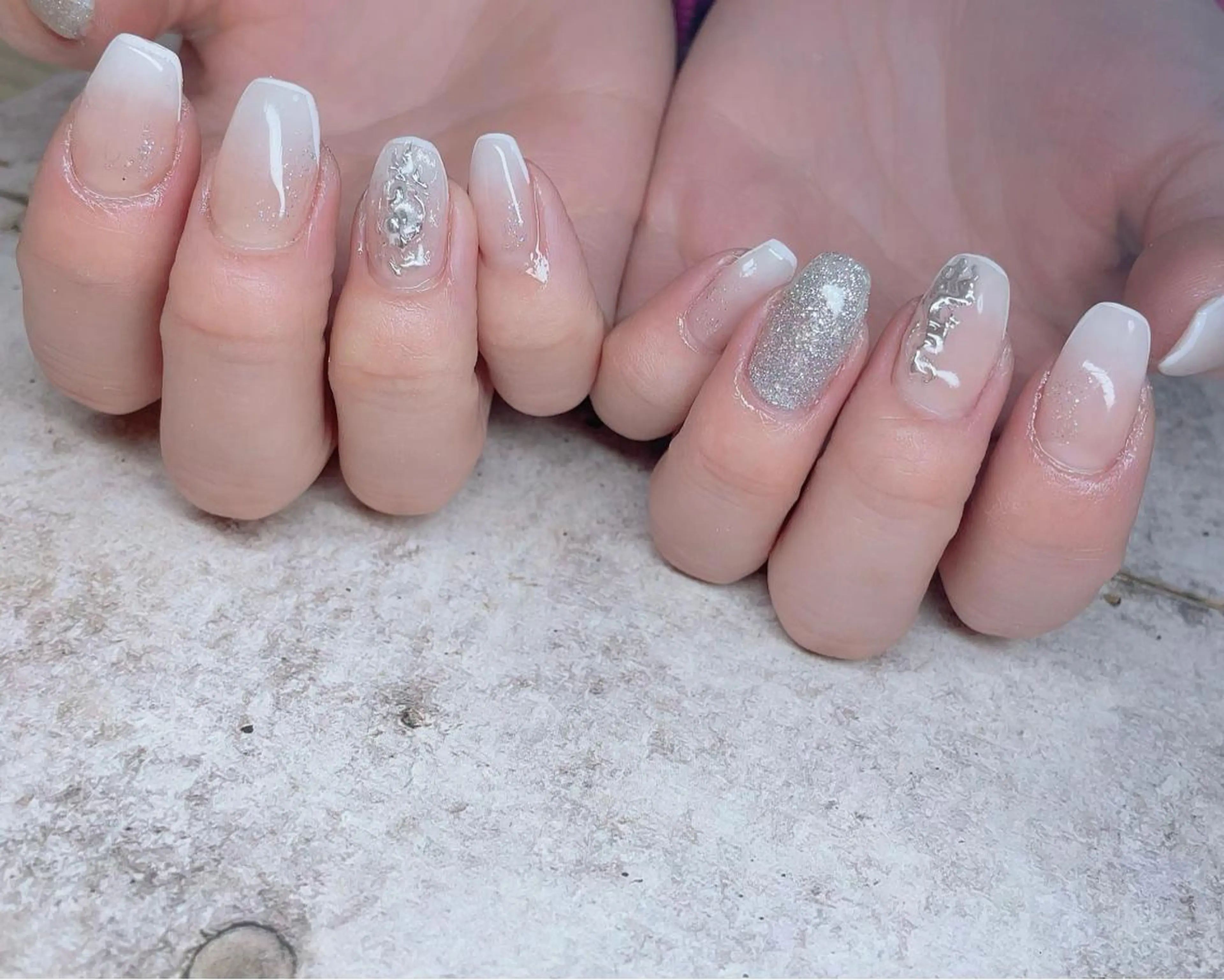 セミロング ネイル 長さ出し フレンチネイル ミラーネイル スカルプネイル ハンドネイル NailbyN所属・Nail_by N1のネイルデザイン