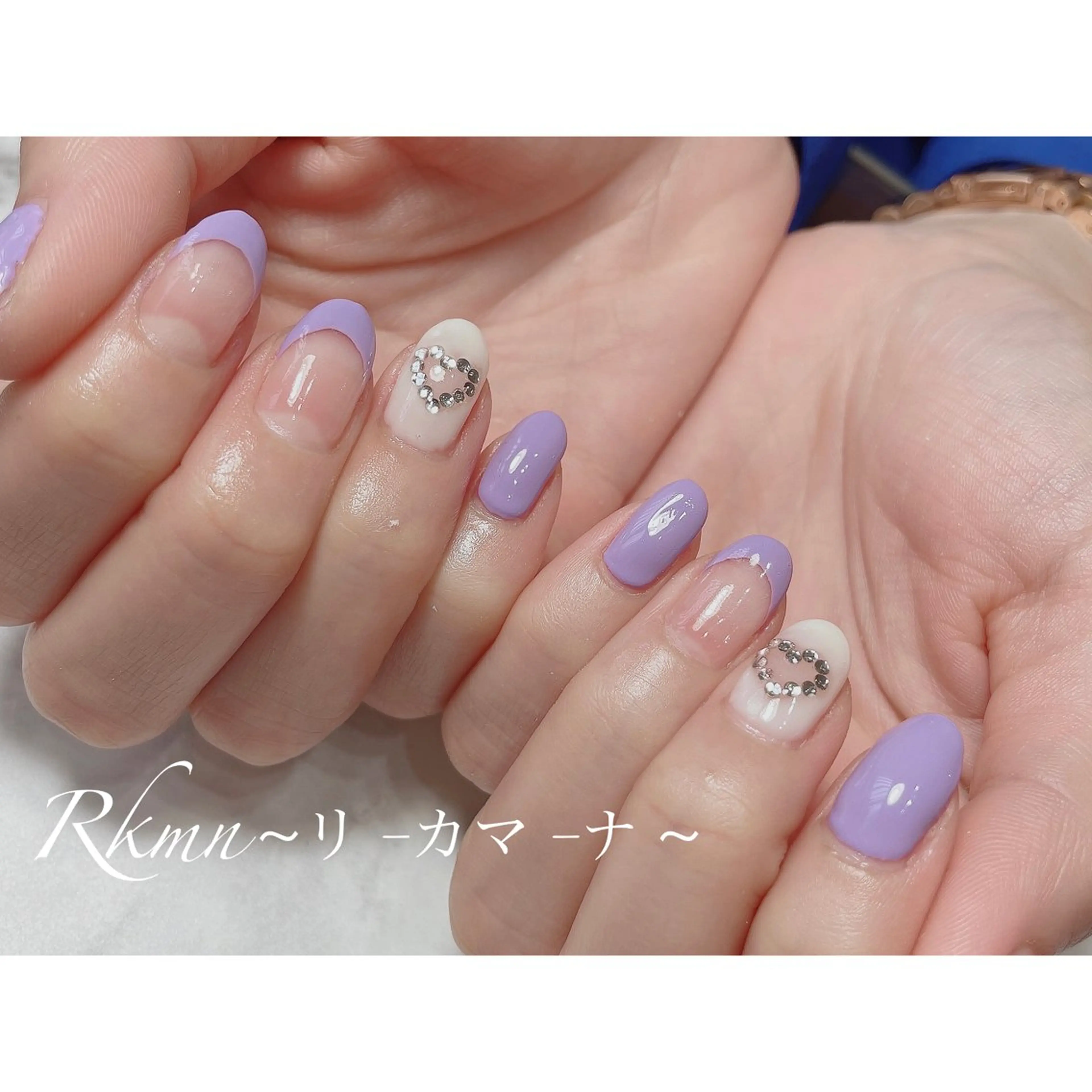 ネイル アートネイル フレンチネイル ハート パープル 春ネイル ハンドネイル フットネイル ハンドケア Rkmn ~リ-カマ-ナ~のネイルデザイン