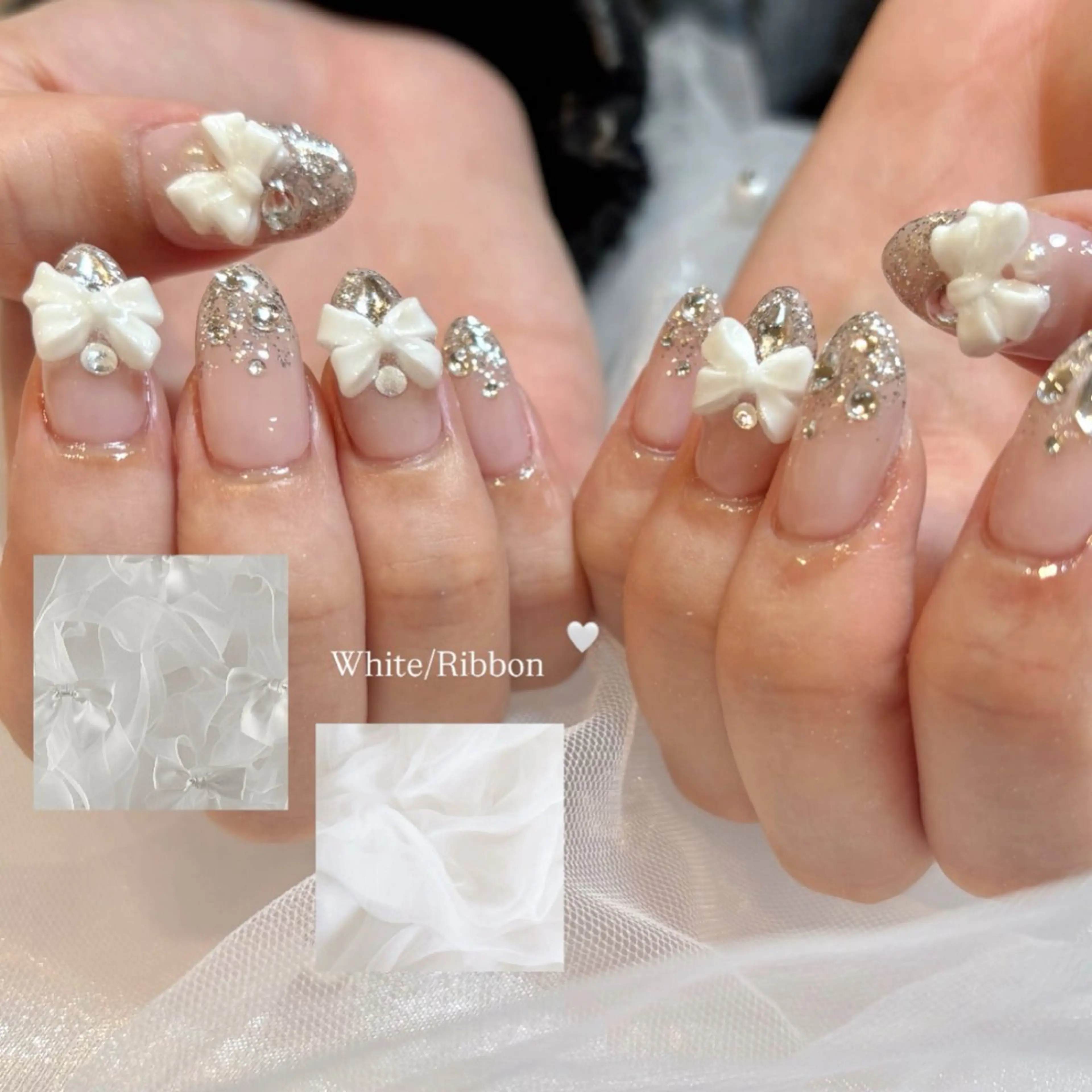 ネイル 成人式 キラキラネイル ラメ(グリッター) ラメグラデーション リボン ハンドネイル eight横浜🧸 kumabeのネイルデザイン
