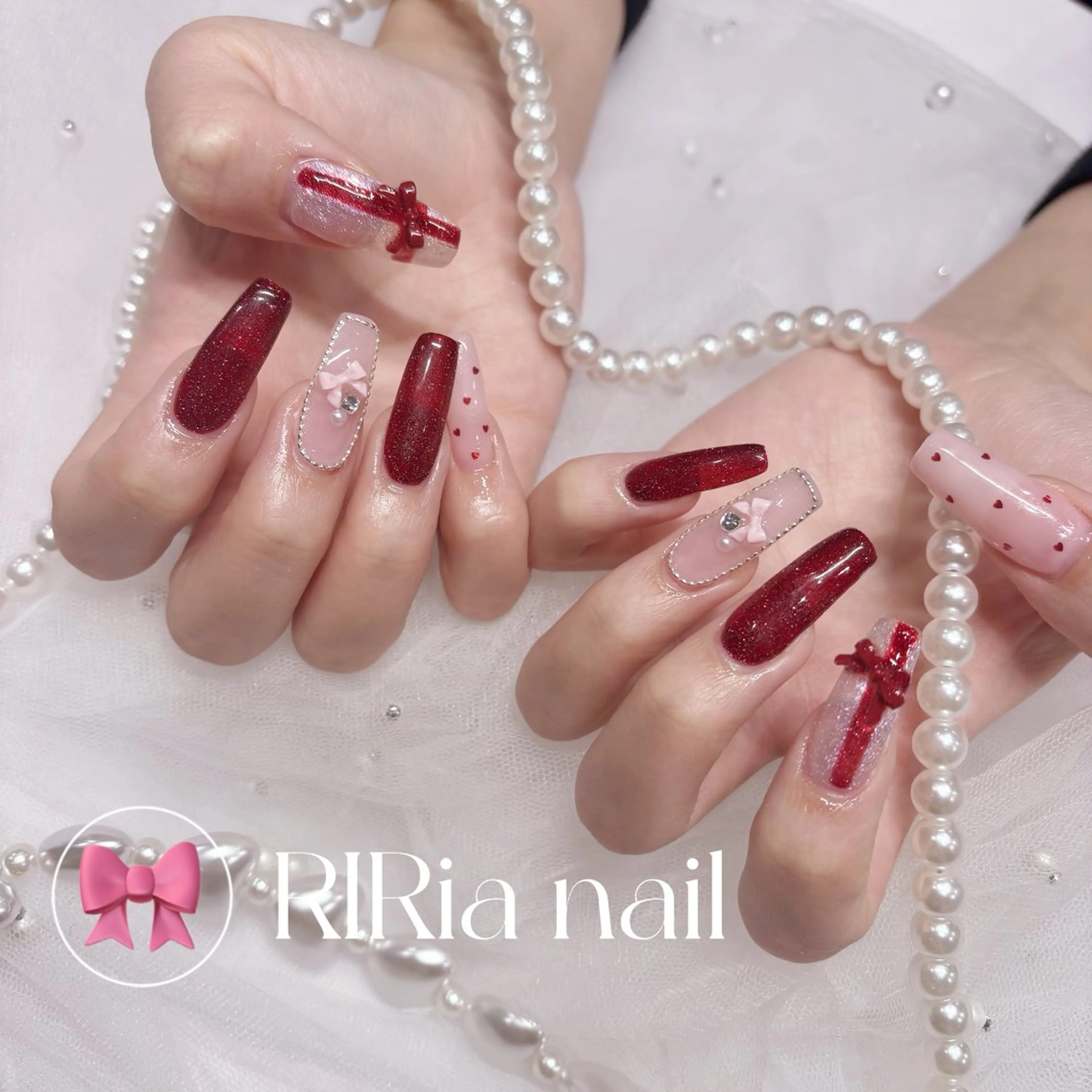 ネイル ガーリー ハート ラメ(グリッター) ピンク 赤色 ハンドネイル 🎀『RlRia』（GO TODAY シェアサロン 横浜Solace店内）🎀所属・RlRia .のネイルデザイン