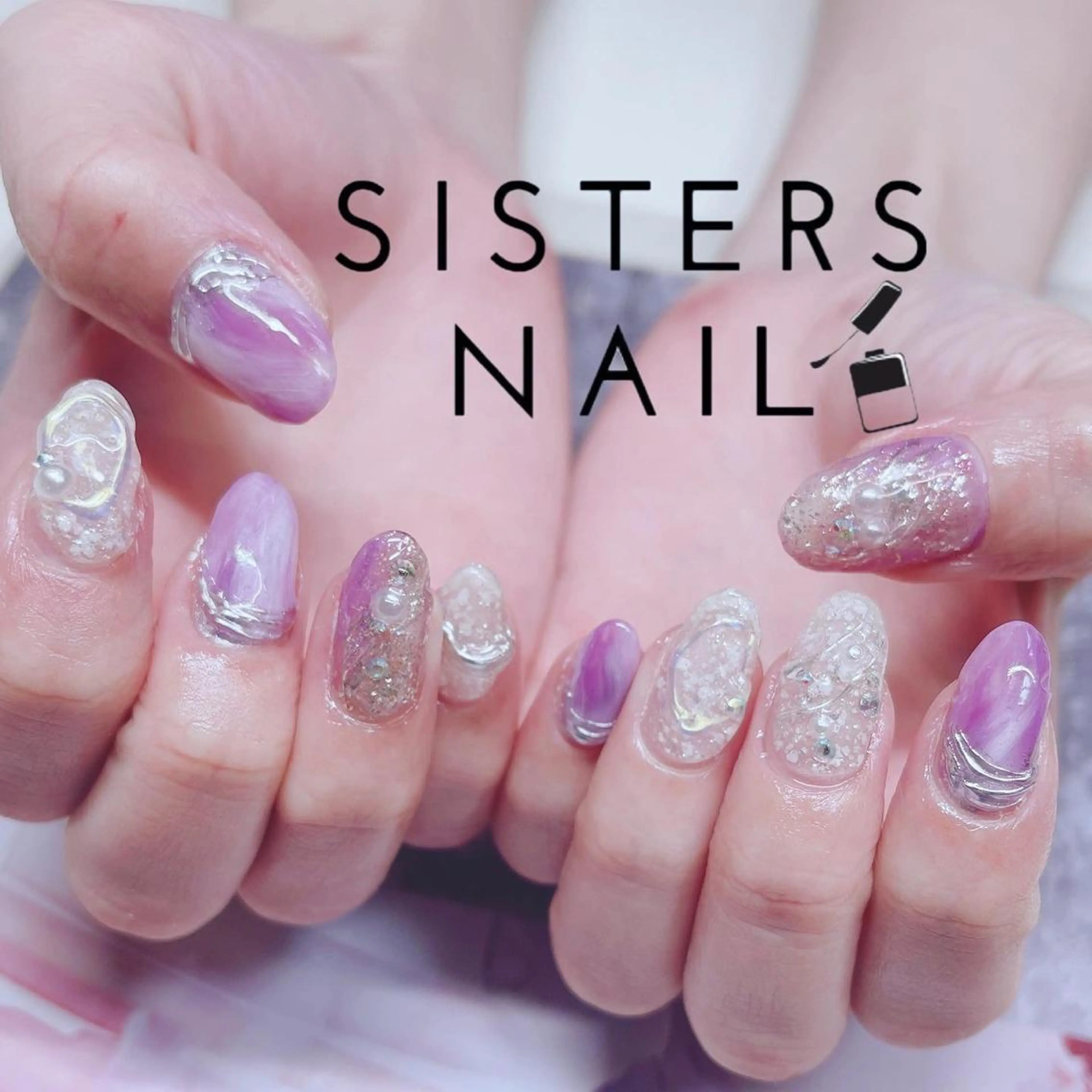 ネイル アートネイル 大理石ネイル(マーブル) ミラーネイル ニュアンスネイル パープル ハンドネイル ハンドケア sisters nail.fのネイルデザイン