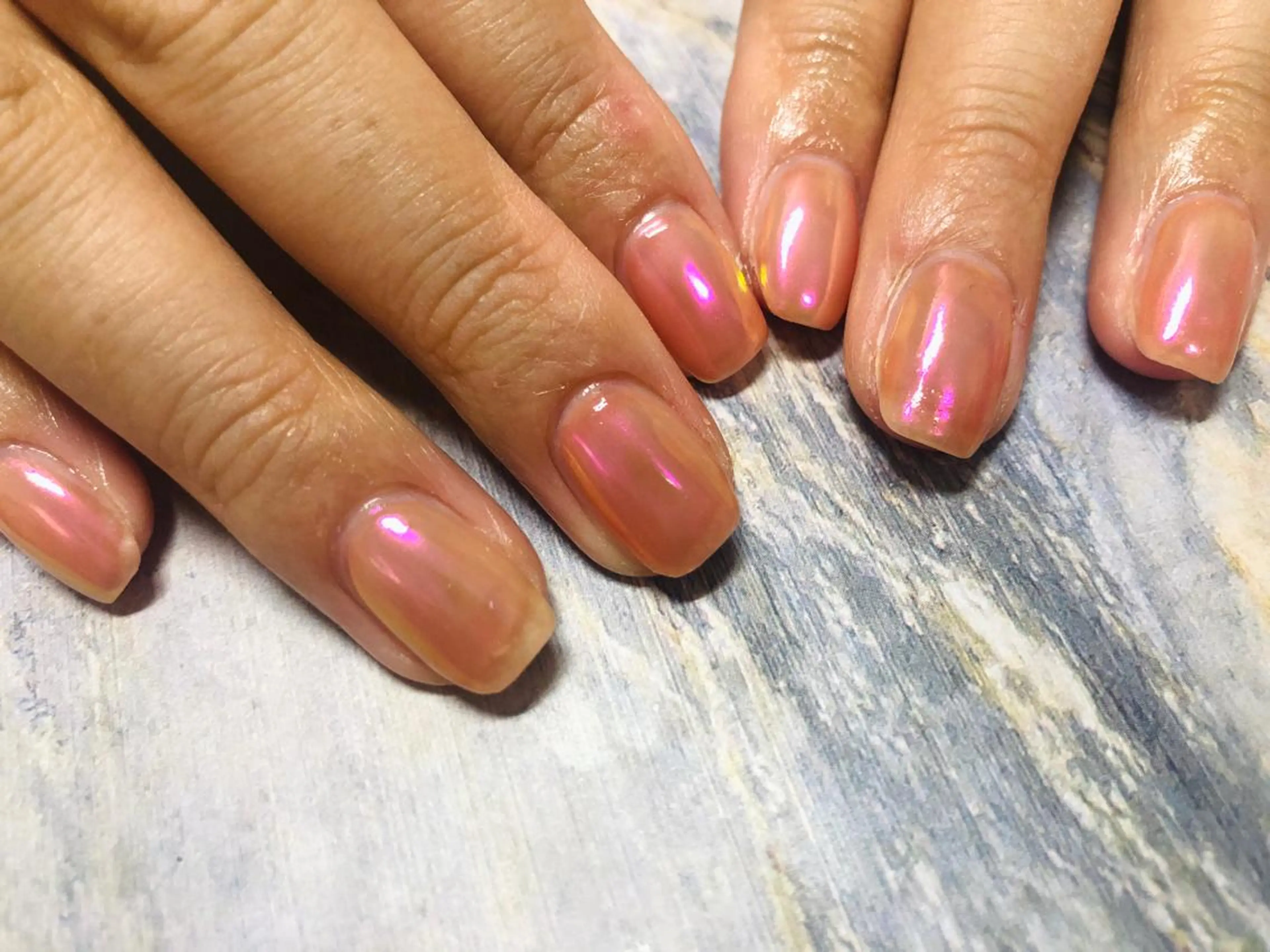 ネイル オーロラネイル オレンジ ピンク ハンドネイル Mogu nail 二子玉川のネイルデザイン