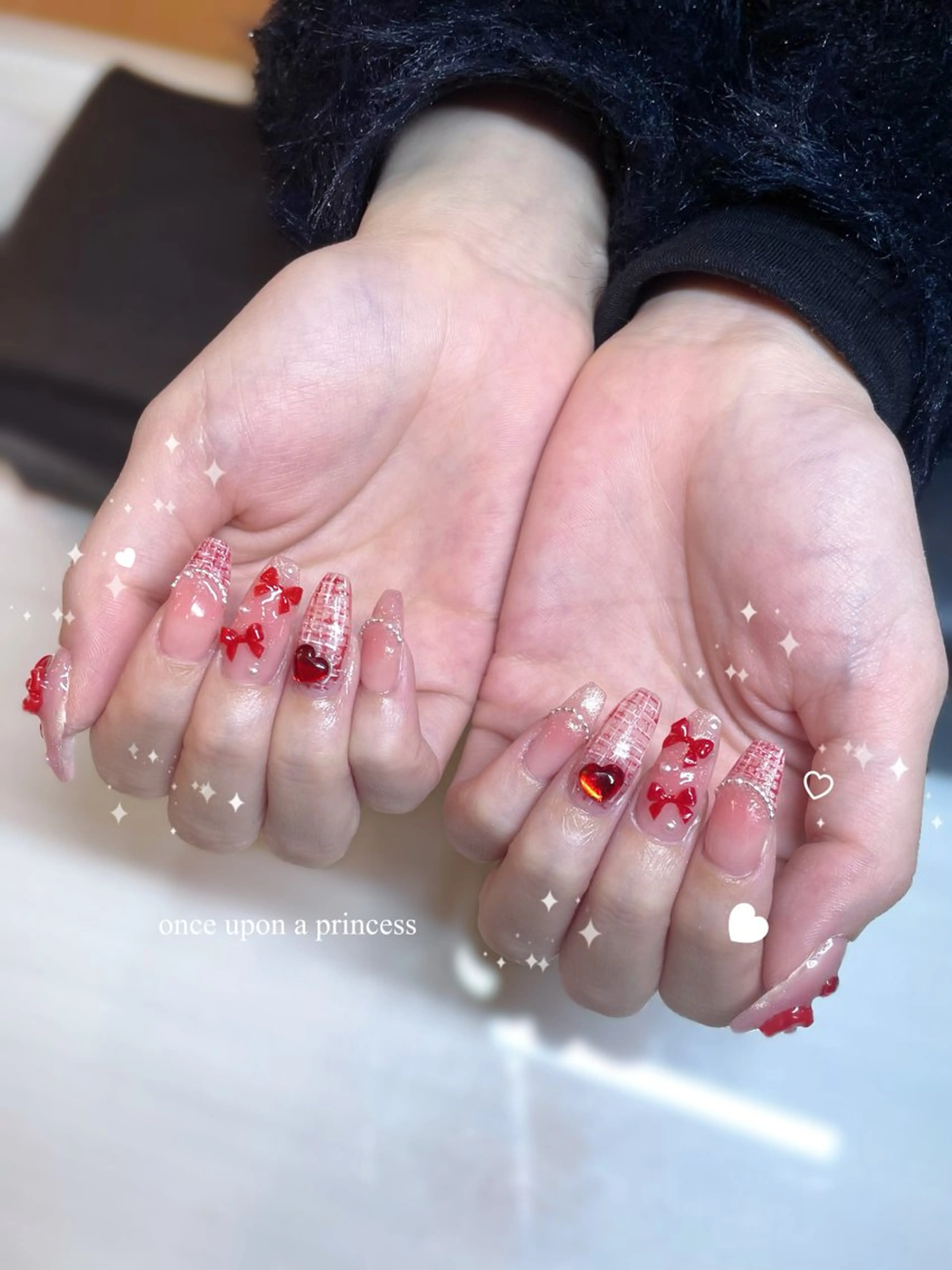メンズ ネイル リボン ツイードネイル バレンタイン ハンドネイル Once upon a princessシェアサロンL'OM OSAKA所属・Once upon a princessのネイルデザイン
