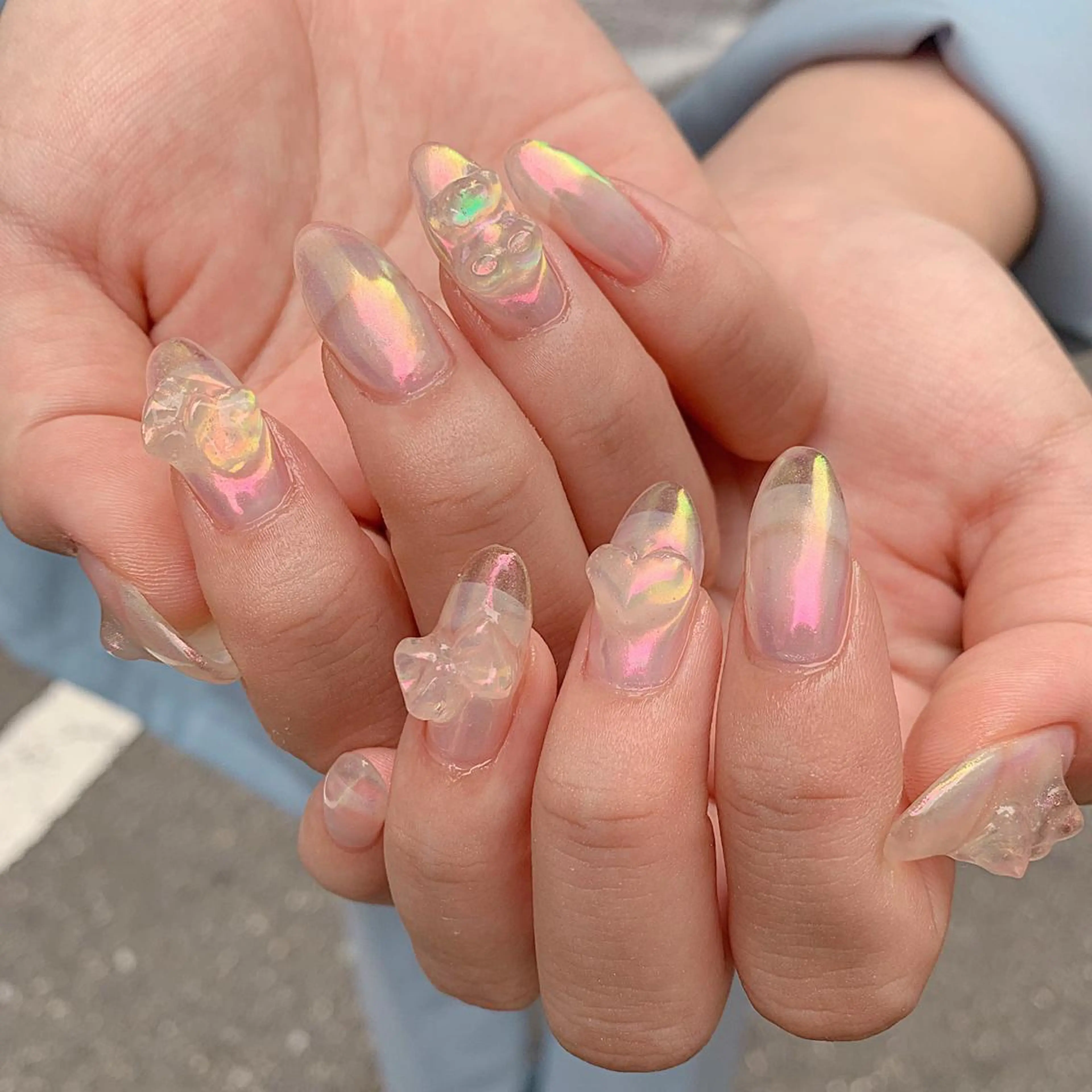 ネイル オーロラネイル クリアネイル ハート ピンク リボン mana ☾のネイルデザイン