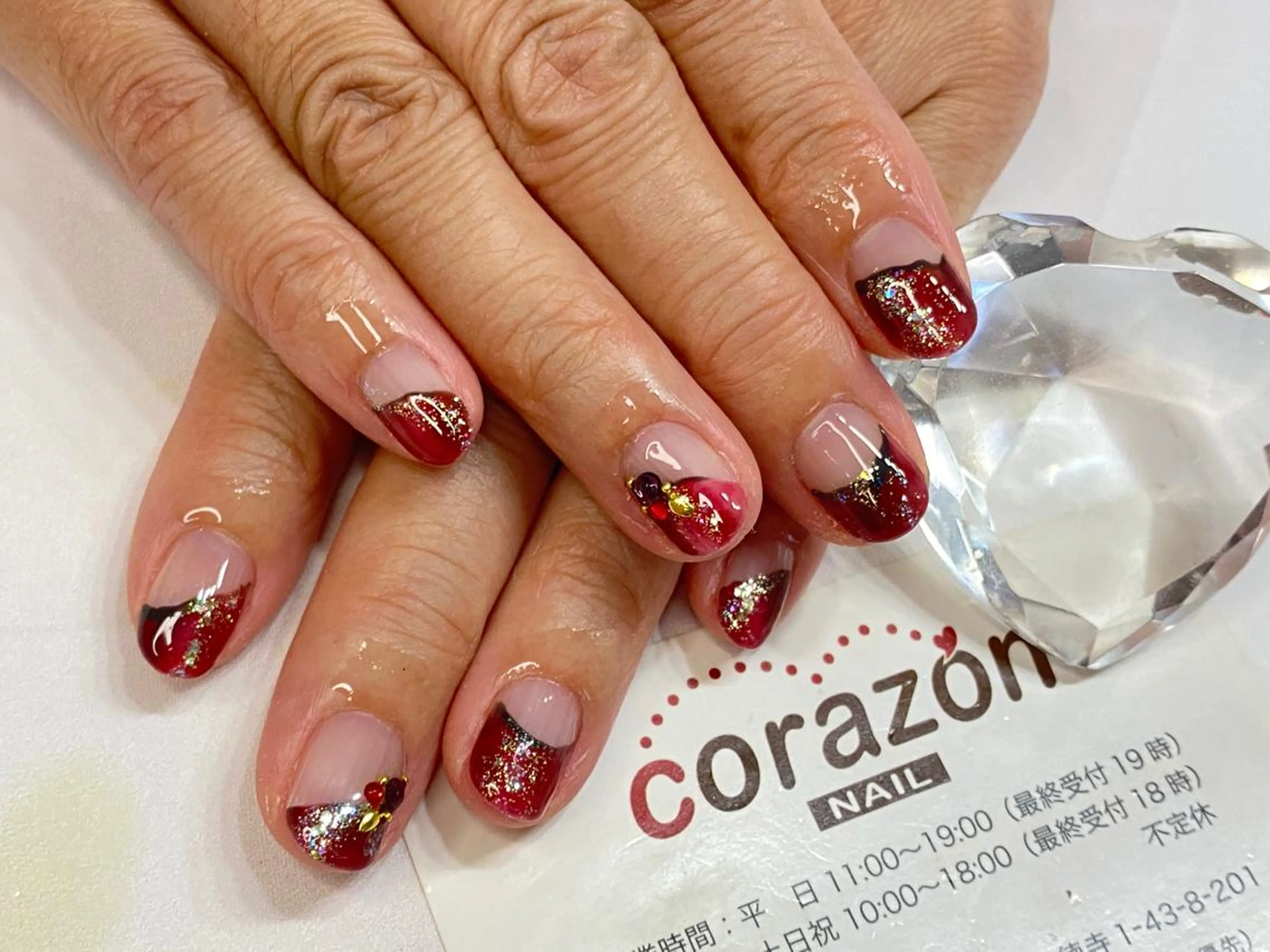 ネイル ボルドー クリアネイル フレンチネイル ゴールド グラデーション corazon所属・ネイリスト aicoのネイルデザイン