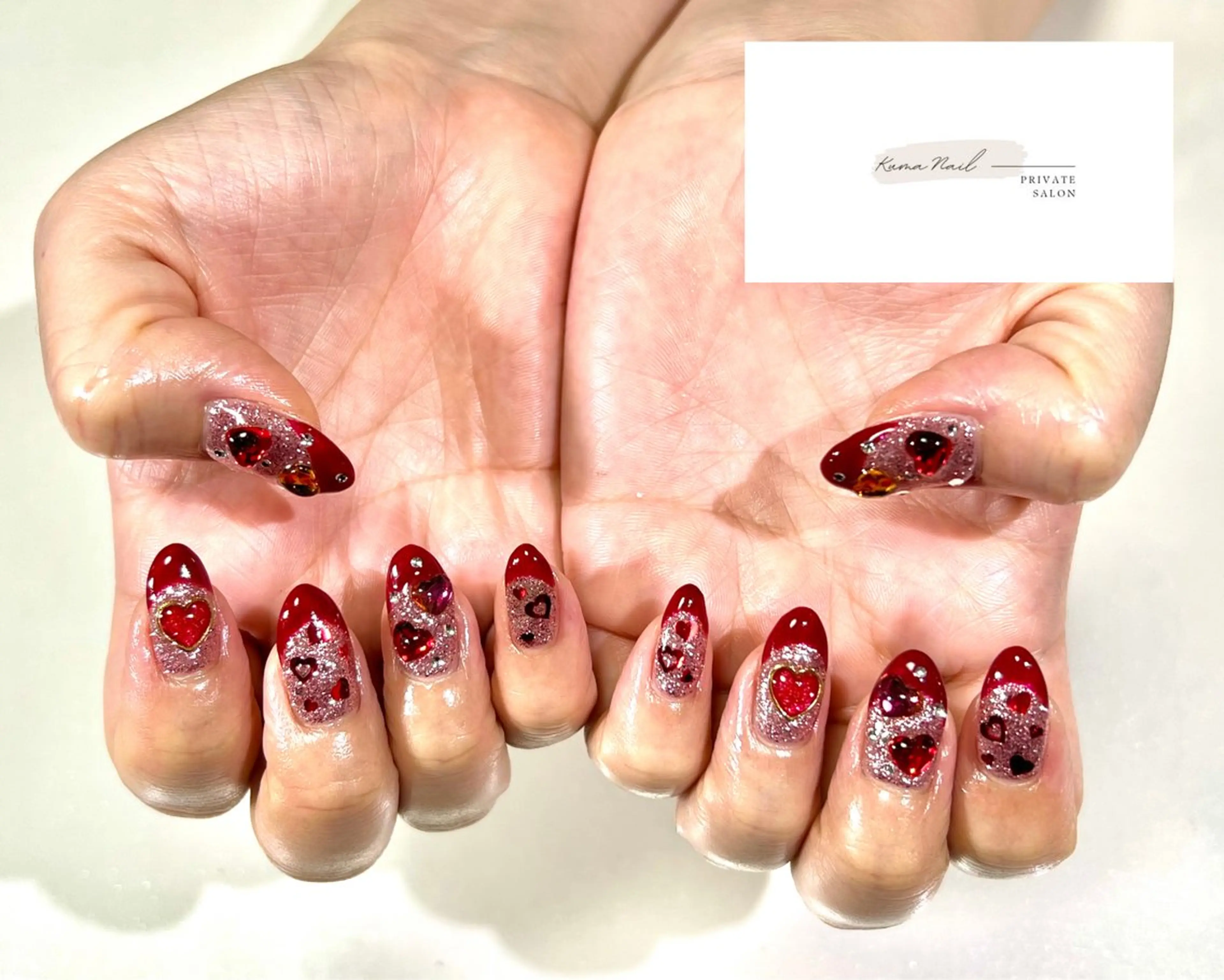 ネイル フレンチネイル ハート ラメ(グリッター) 赤色 藤が丘/守山/長久手 Kuma Nailのネイルデザイン