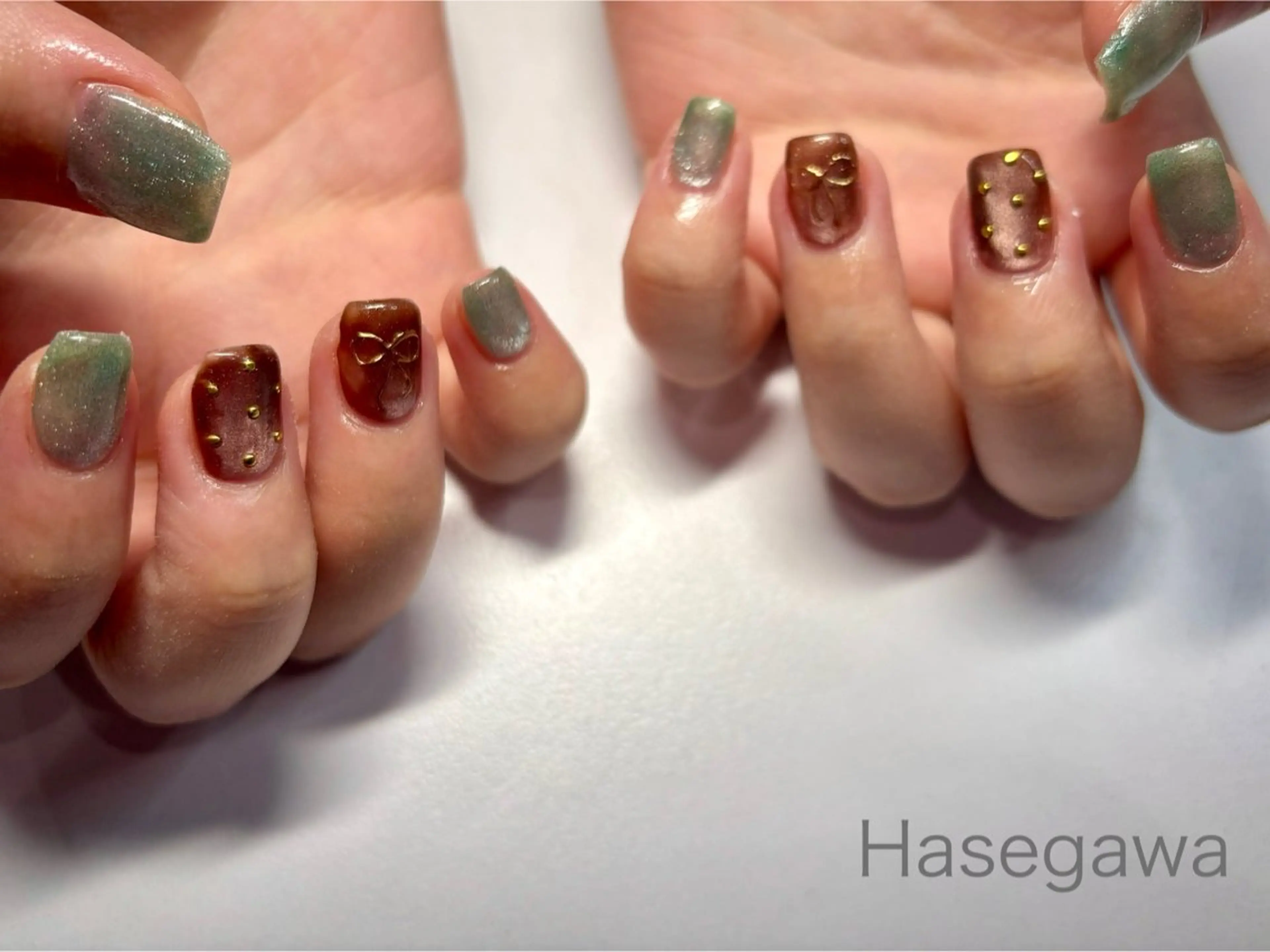 ネイル マグネットネイル ミラーネイル リボン ハンドネイル DROP所属・DROP 長谷川のネイルデザイン