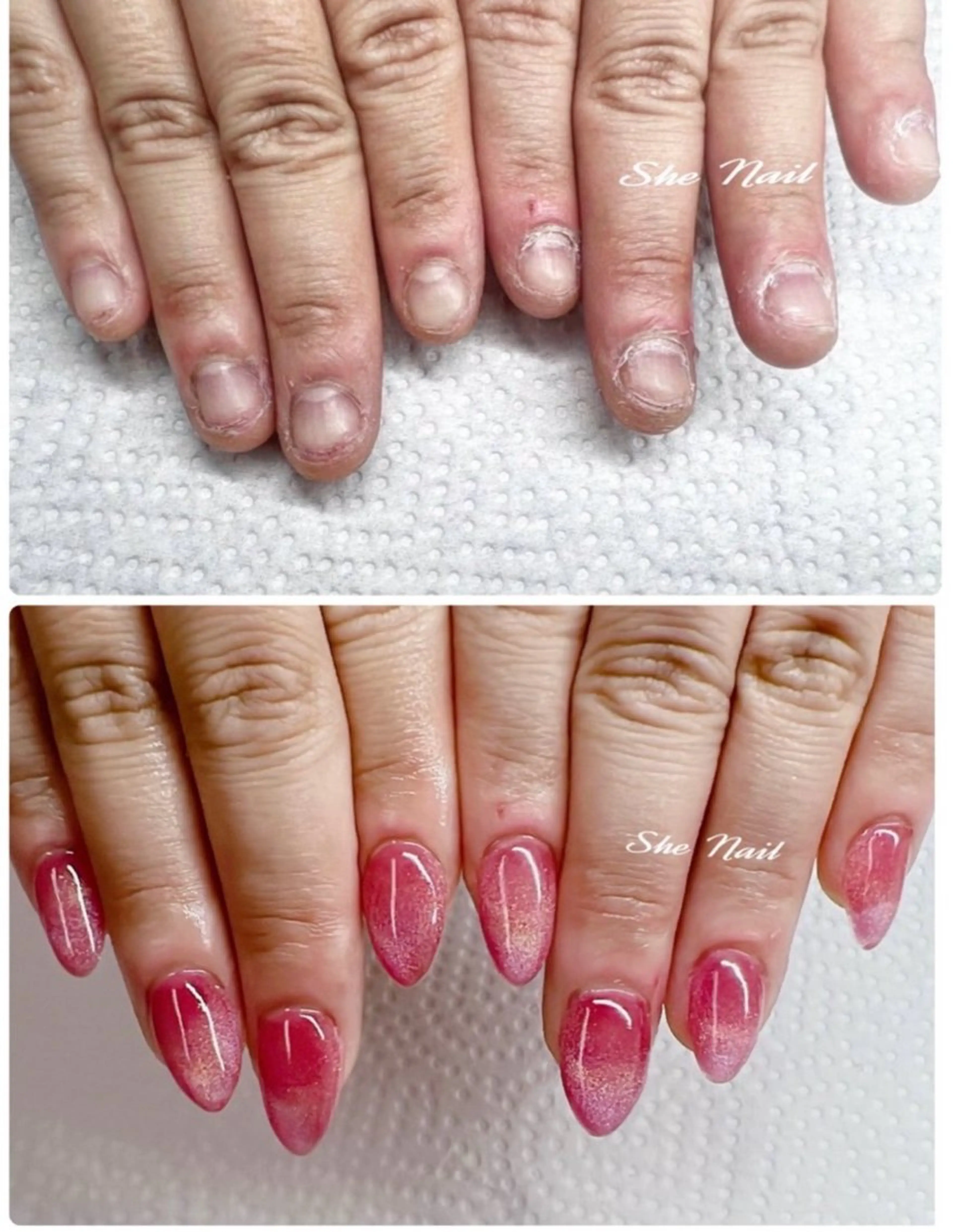 ネイル チークネイル 長さ出し フレンチネイル ガラスフレンチ マグネットネイル ハンドネイル She_nail所属・ELSA_ Bellaのネイルデザイン