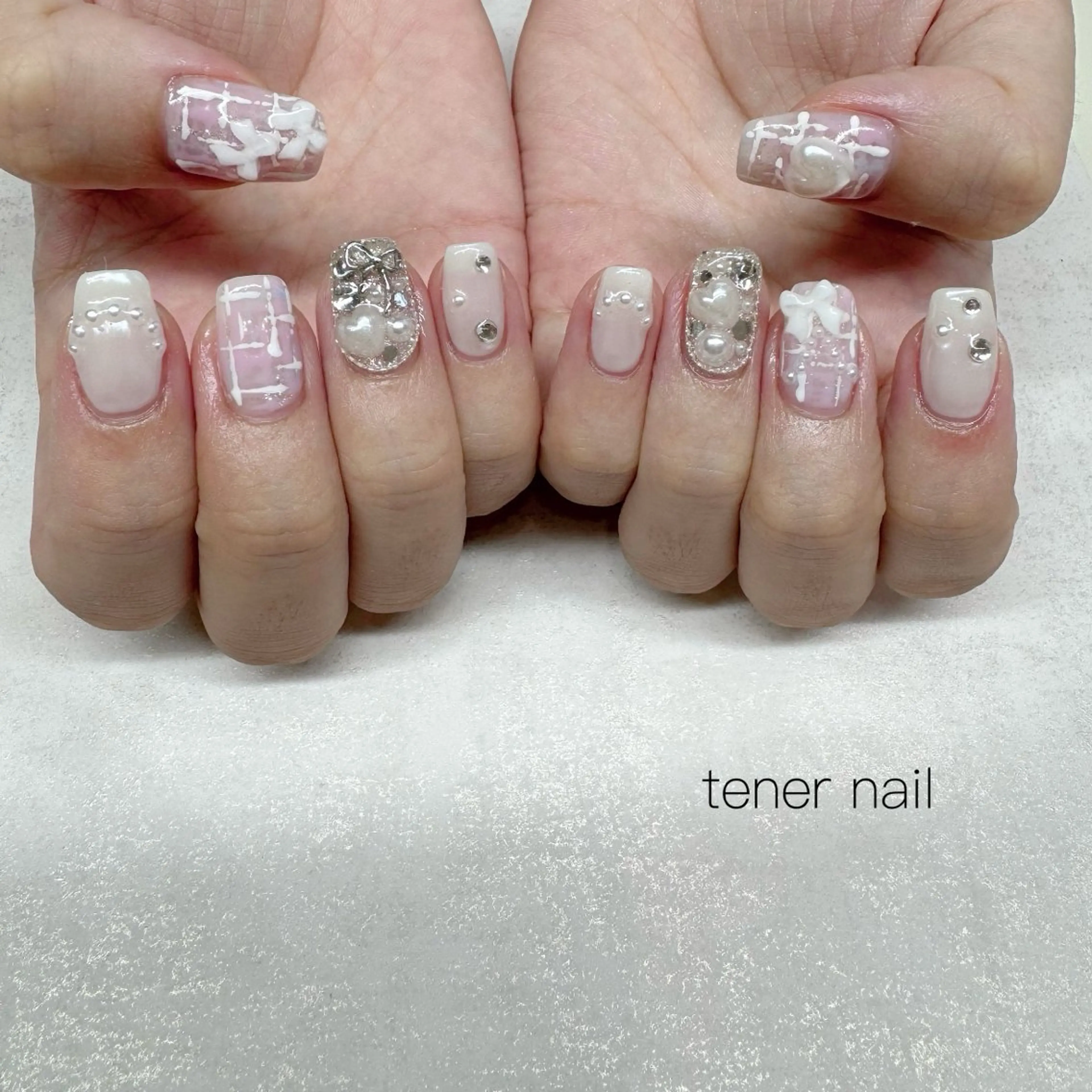 ネイル リボン ツイードネイル ハンドネイル tener  nail  テネルネイル所属・テネルネイル tener nailのネイルデザイン