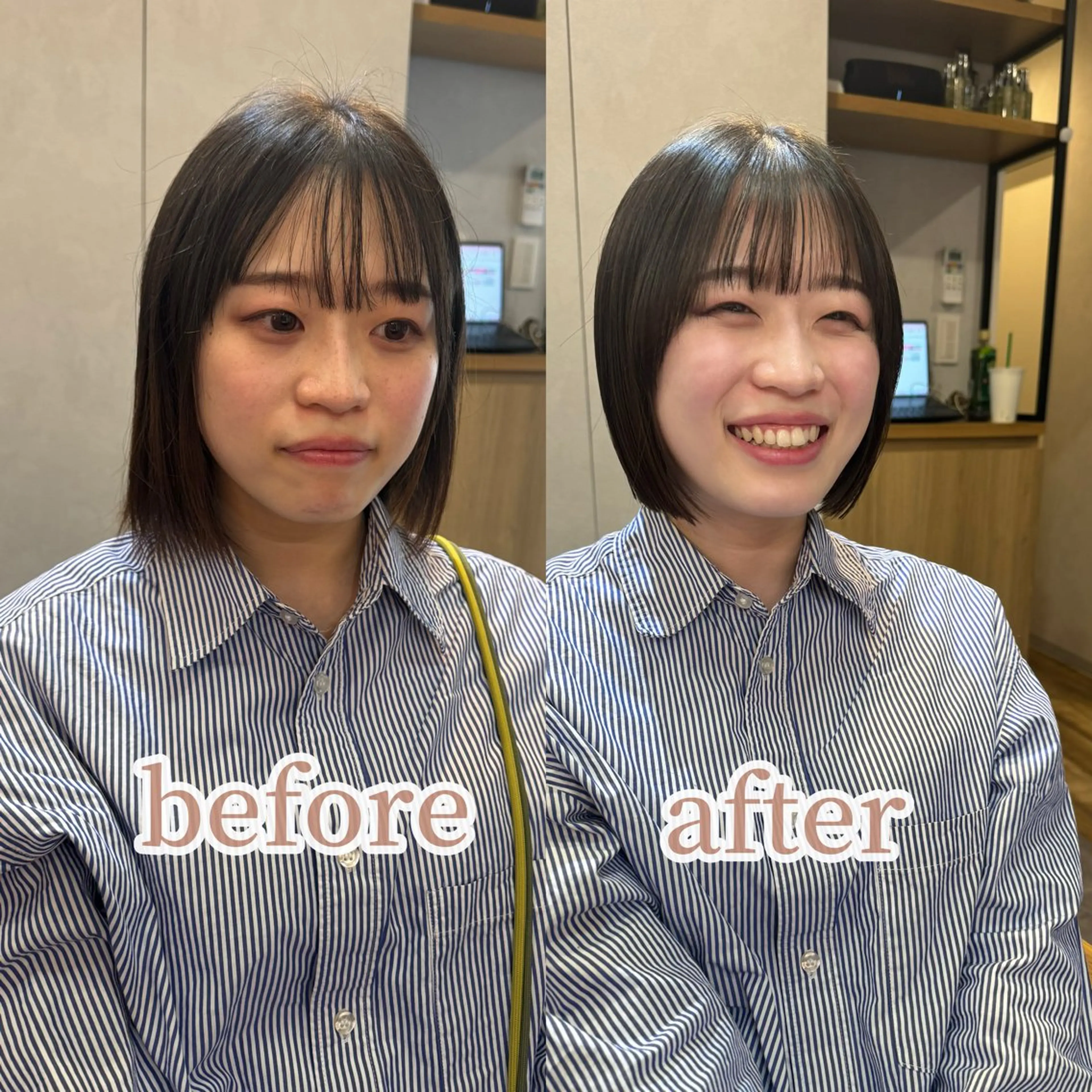 ミディアム 切りっぱなしボブ ボブ 髪質改善 韓国風ヘア 縮毛矯正 吉祥寺プルエクステ 🌟Hiraiのヘアスタイル