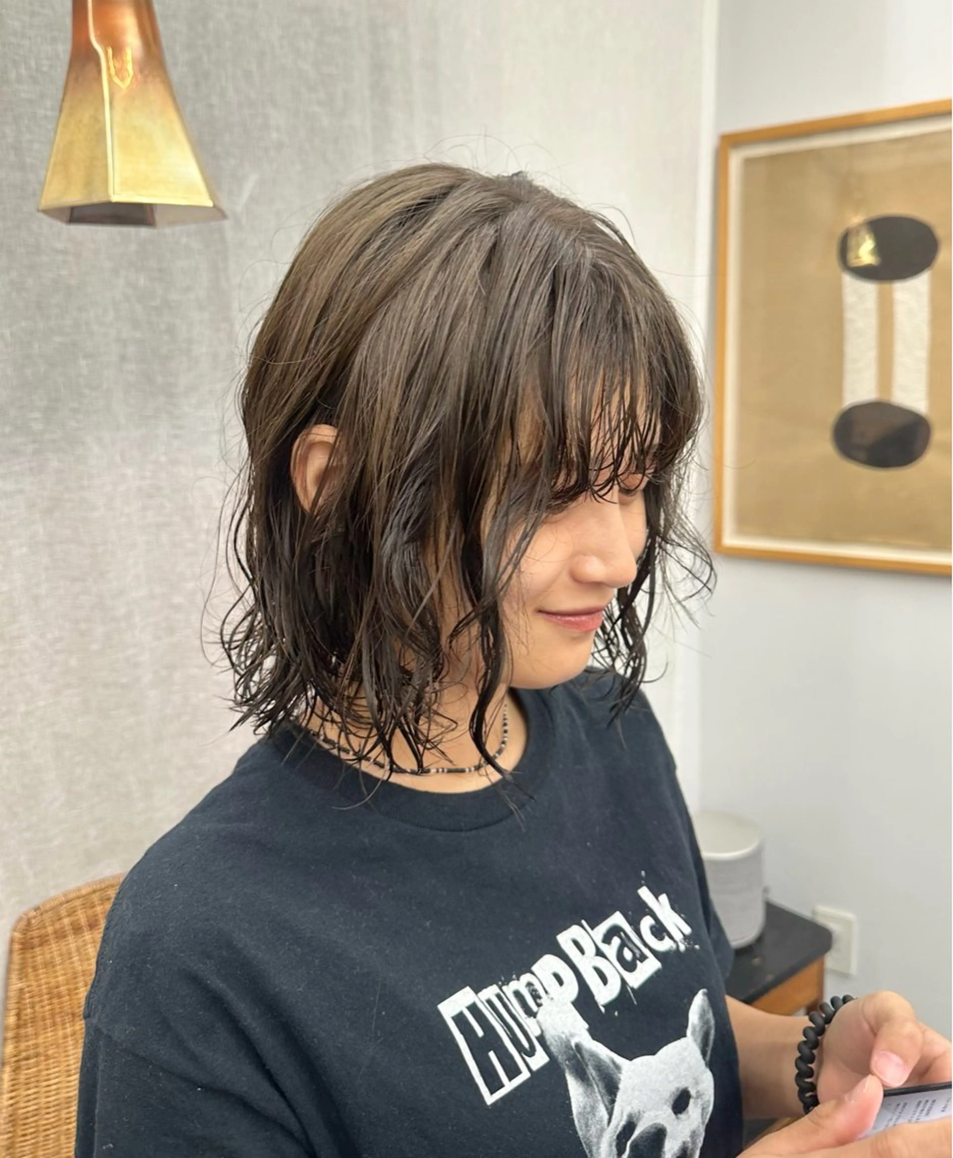 ミディアム カラー パーマ ベージュカラー オリーブベージュ ヘアカラー タナベ リオ / 横浜のヘアスタイル