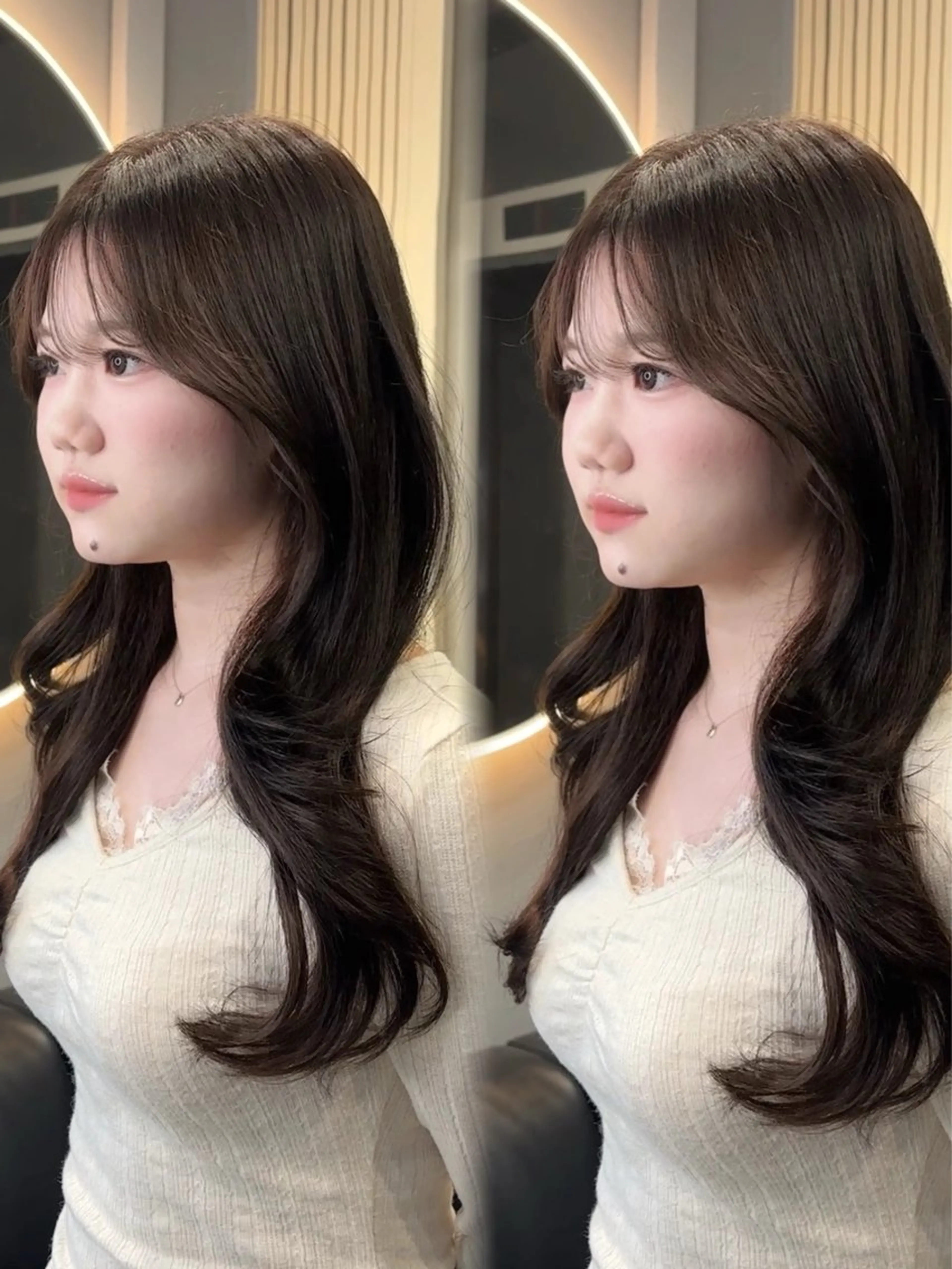 ロング カット ヘアカラー トリートメント 韓国ヘア/ブリーチ無 しWカラー/オリーブのヘアスタイル