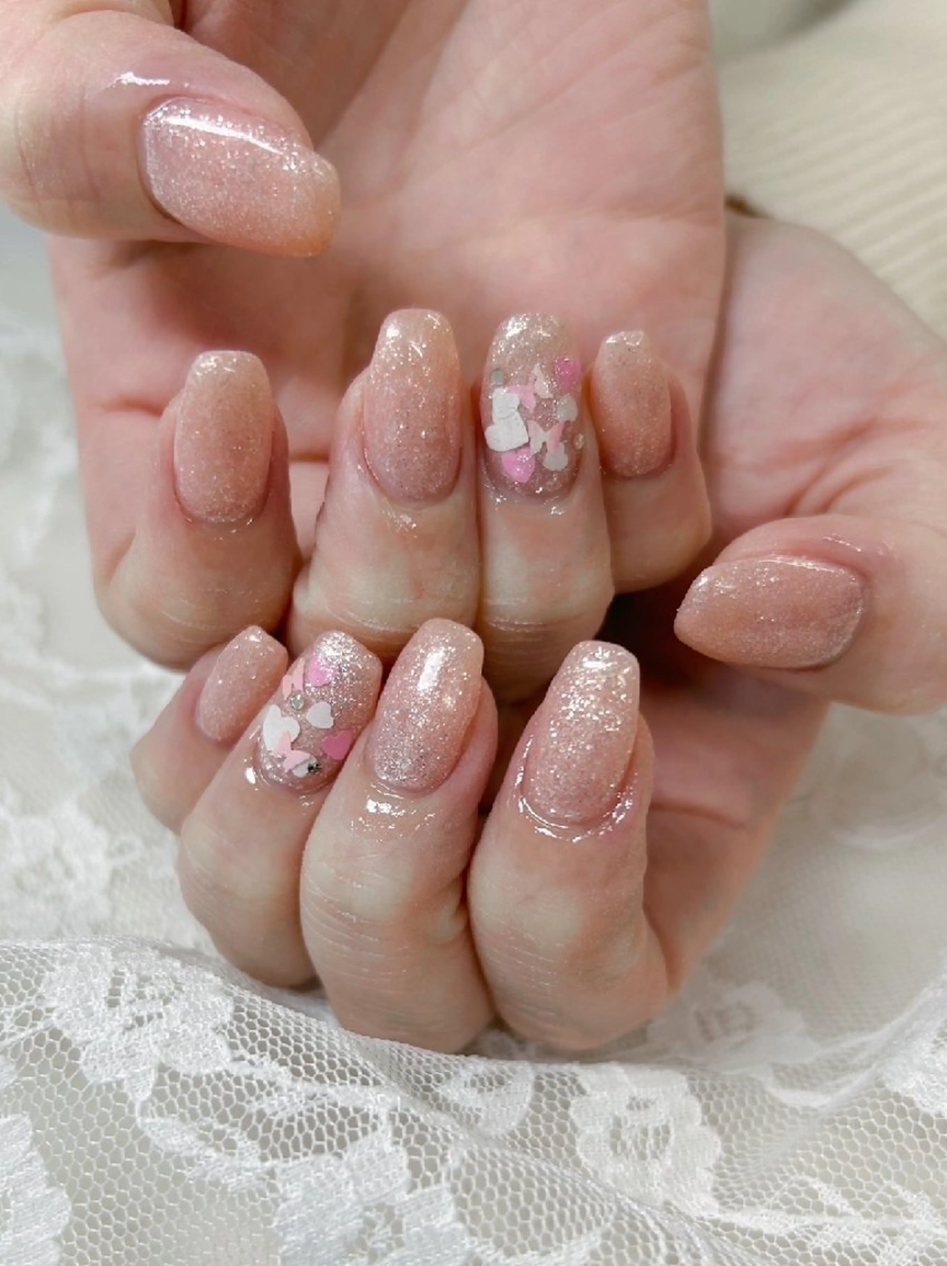 ネイル ハート ラメ(グリッター) ピンク ハンドネイル ハンドケア 心斎橋Salon Epokkuのネイルデザイン