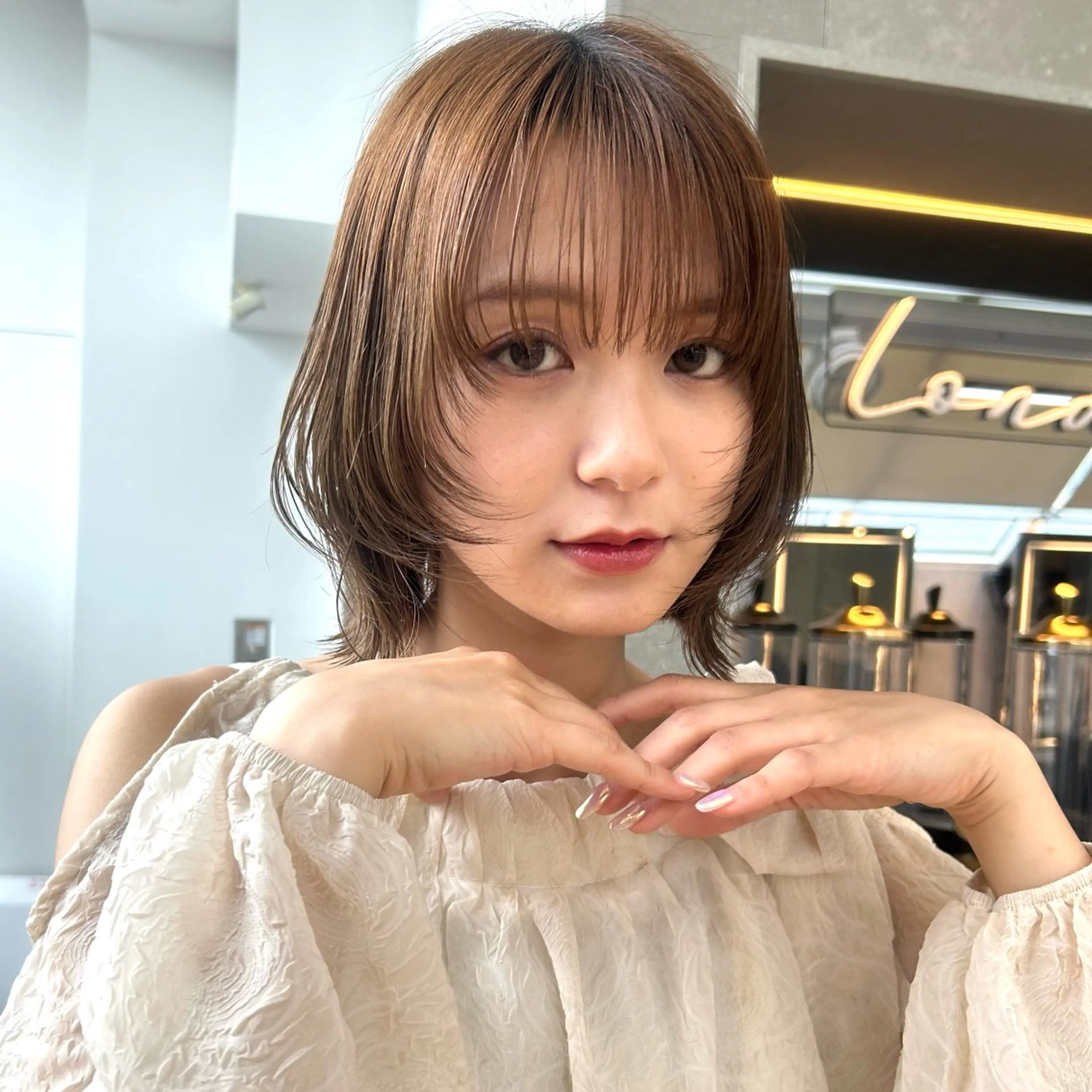 ミディアム カラー 透明感カラー ボブ 顔まわりレイヤー 顔周りカット レイヤーカット カット ヘアカラー トリートメント ボブ/くびれボブ/ 髪質改善/Ru-kaのヘアスタイル