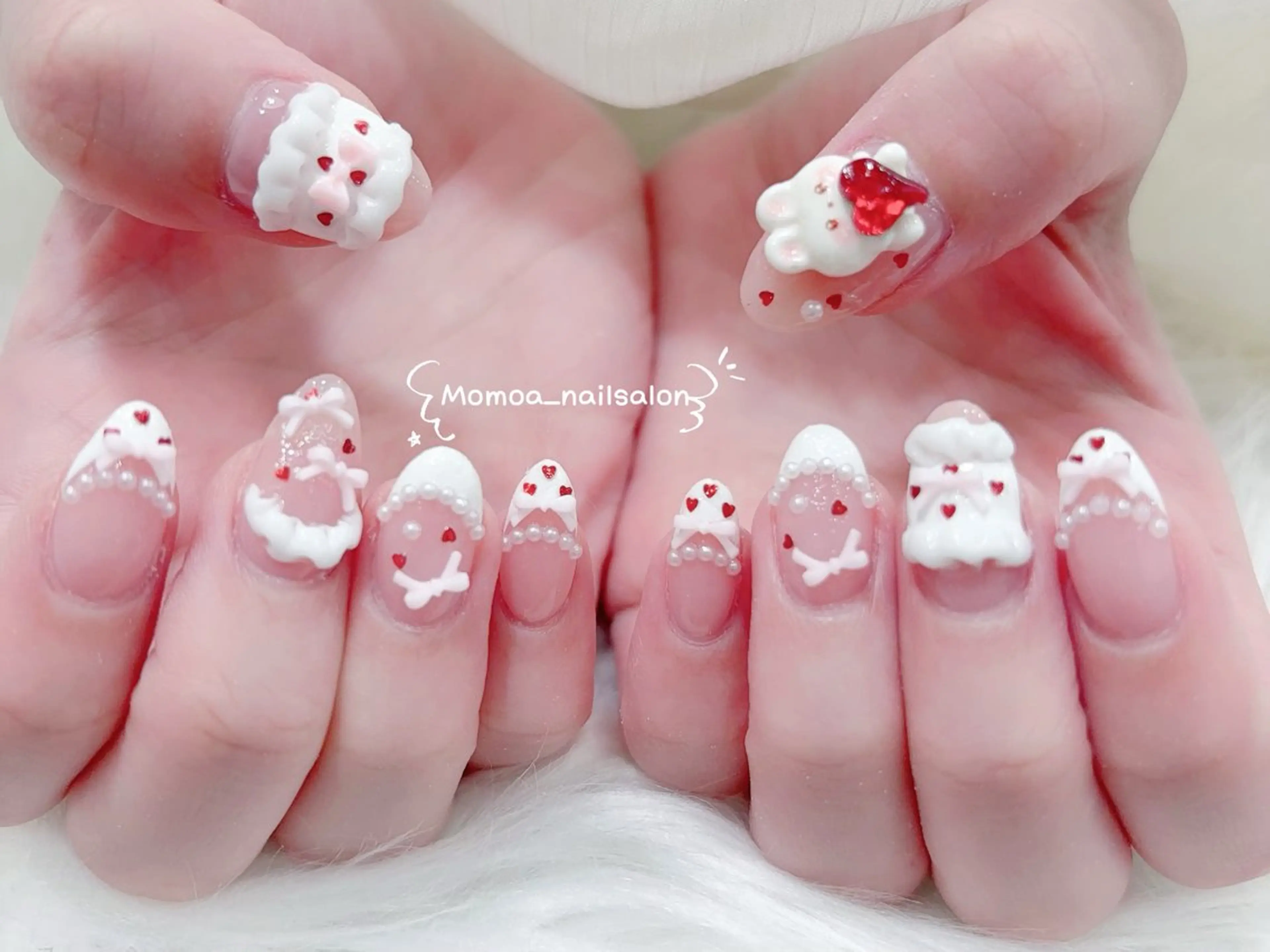 ネイル 成人式 大理石ネイル(マーブル) 持ち込み リボン 夏ネイル ハンドネイル MoMoA Nail ネイル長さ出し専門店のネイルデザイン