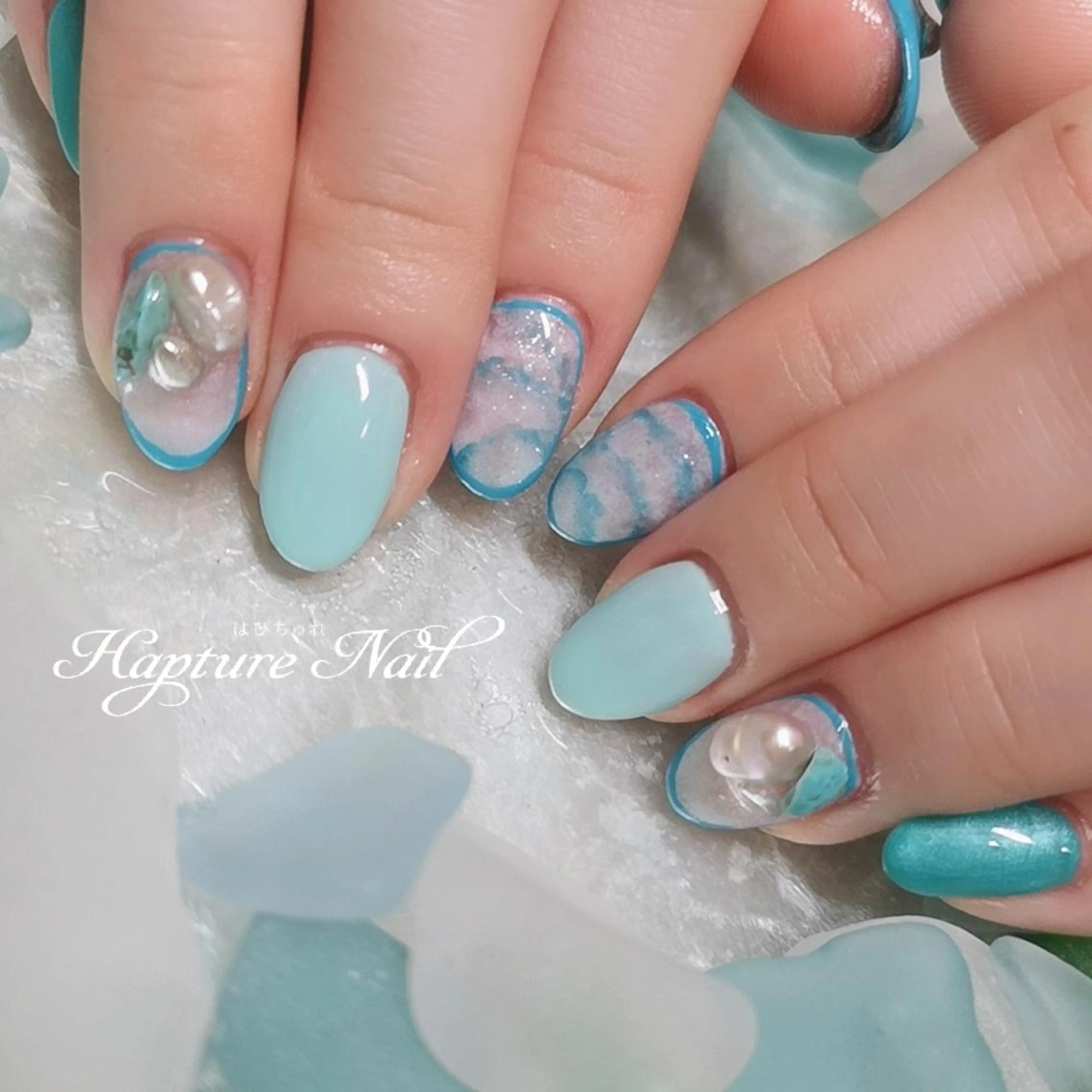 ネイル アートネイル ブルー グリーン ワンカラーネイル 夏ネイル m- Hiroのネイルデザイン