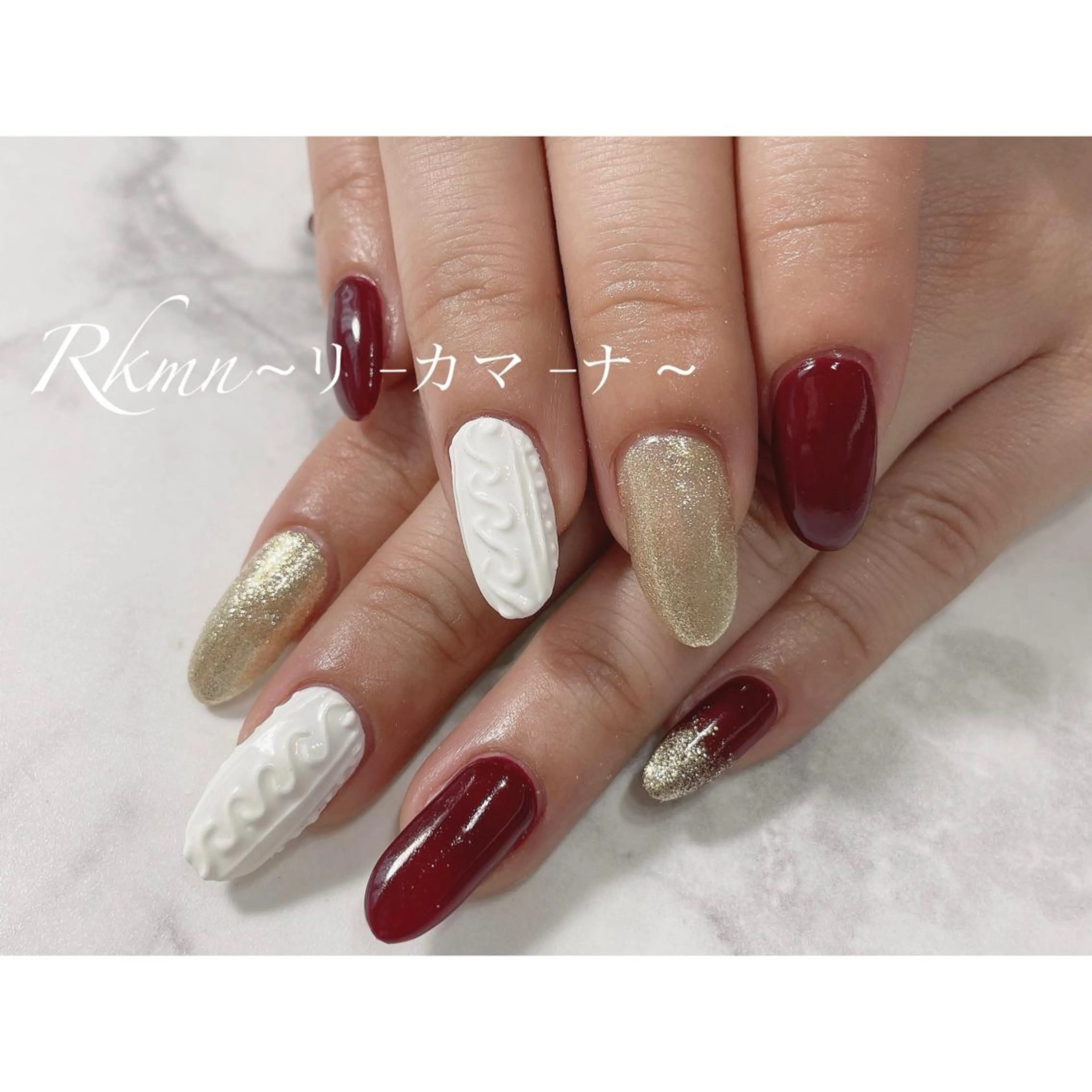 ネイル アートネイル ボルドー ゴールド 春ネイル ハンドネイル フットネイル ハンドケア Rkmn ~リ-カマ-ナ~のネイルデザイン