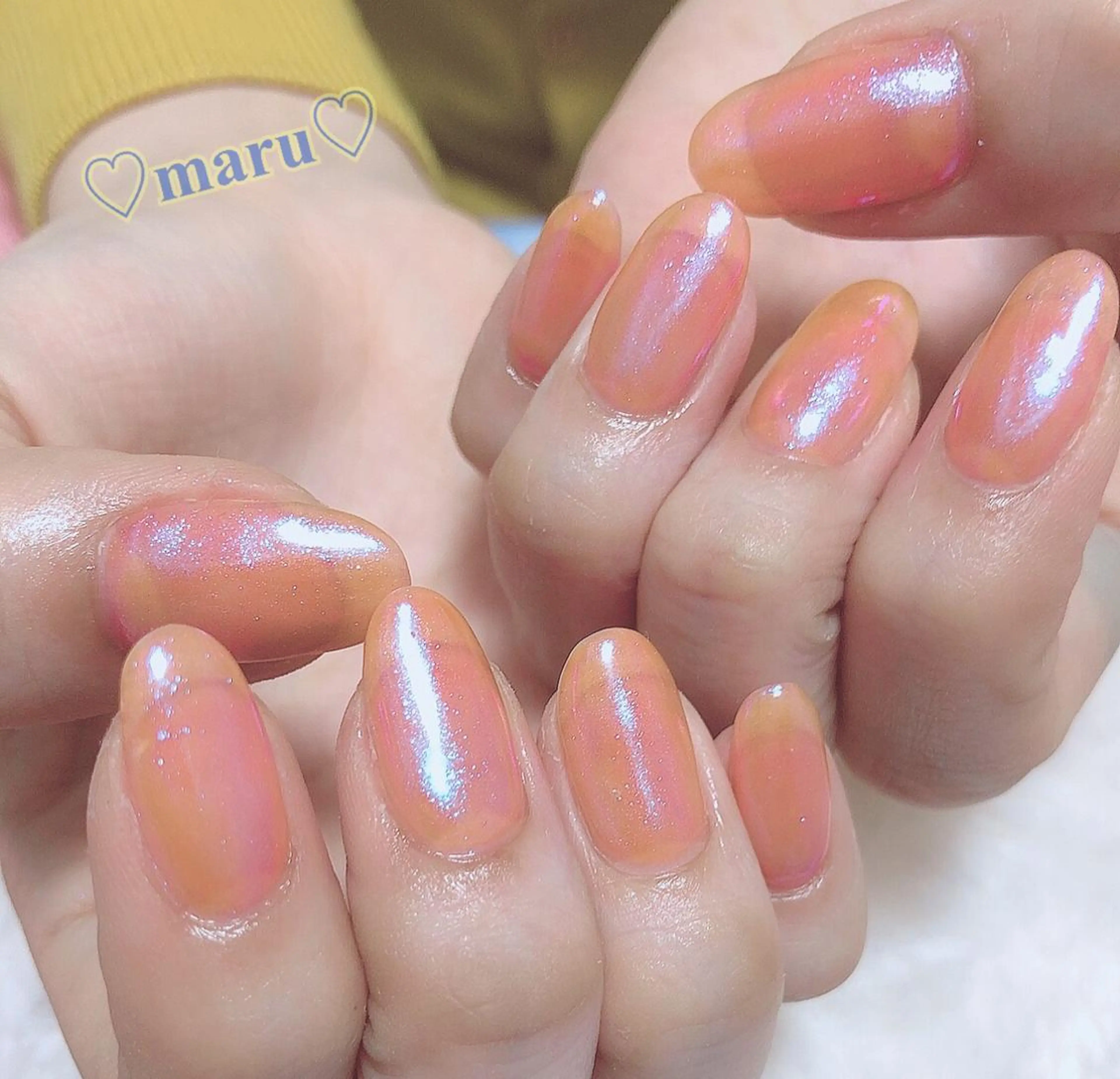 ネイル オーロラネイル オレンジ ハンドネイル フットネイル まるみ ♡のネイルデザイン