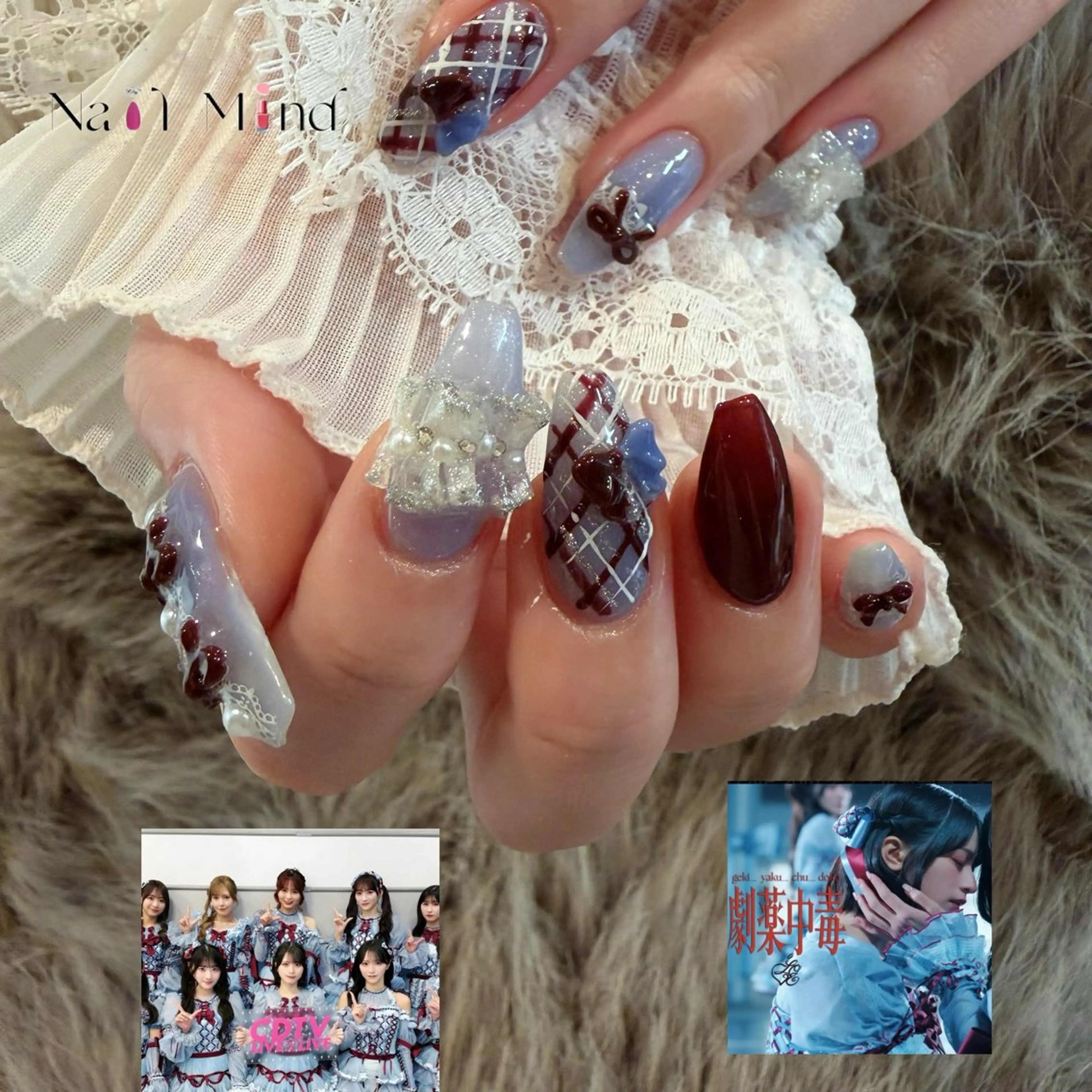 ネイル ガーリー レース 水色 赤色 リボン ハンドネイル Nail Mind (NaONail）のネイルデザイン