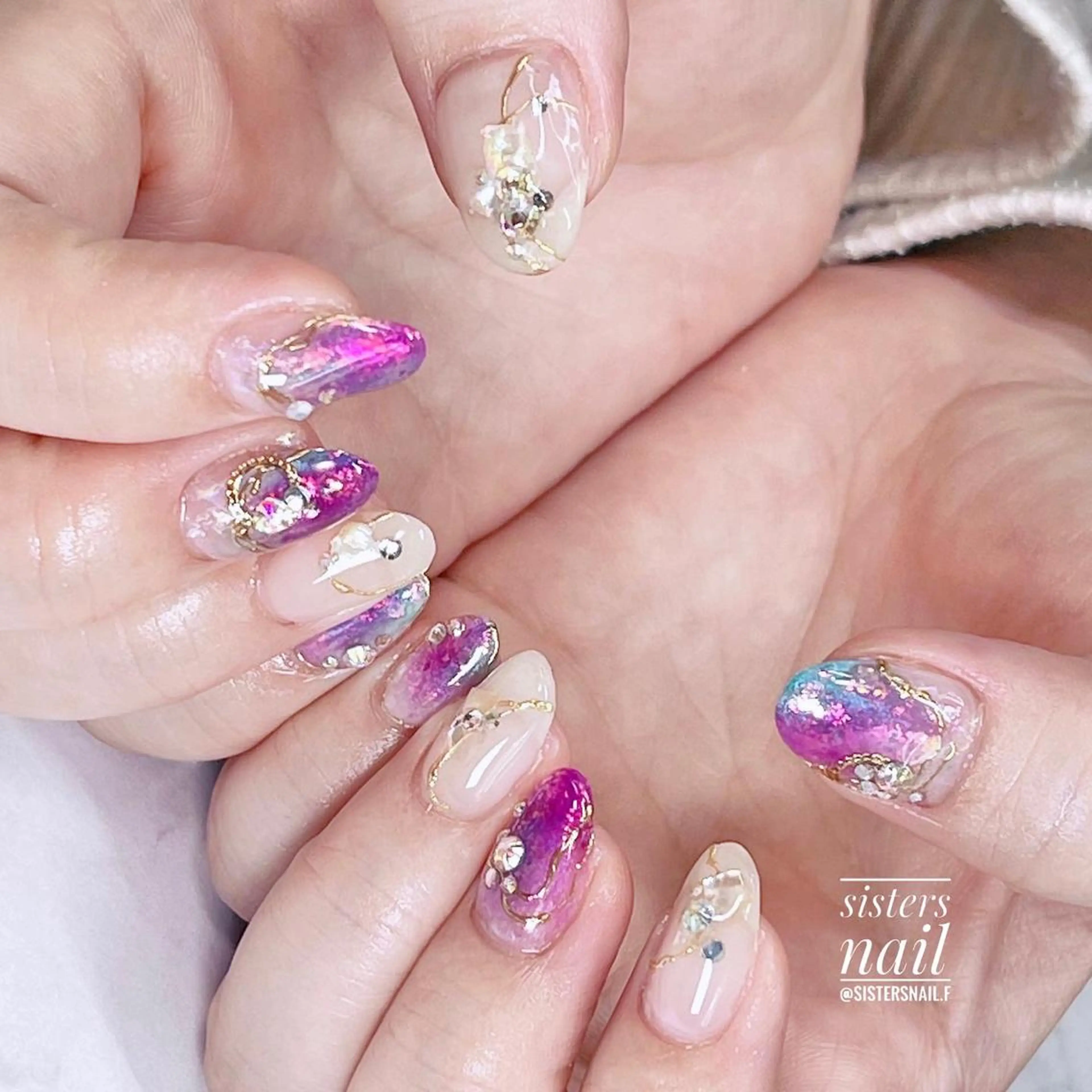 ネイル アートネイル オーロラネイル 氷ネイル・うるうるネイル キラキラネイル 夏ネイル sisters nail.fのネイルデザイン