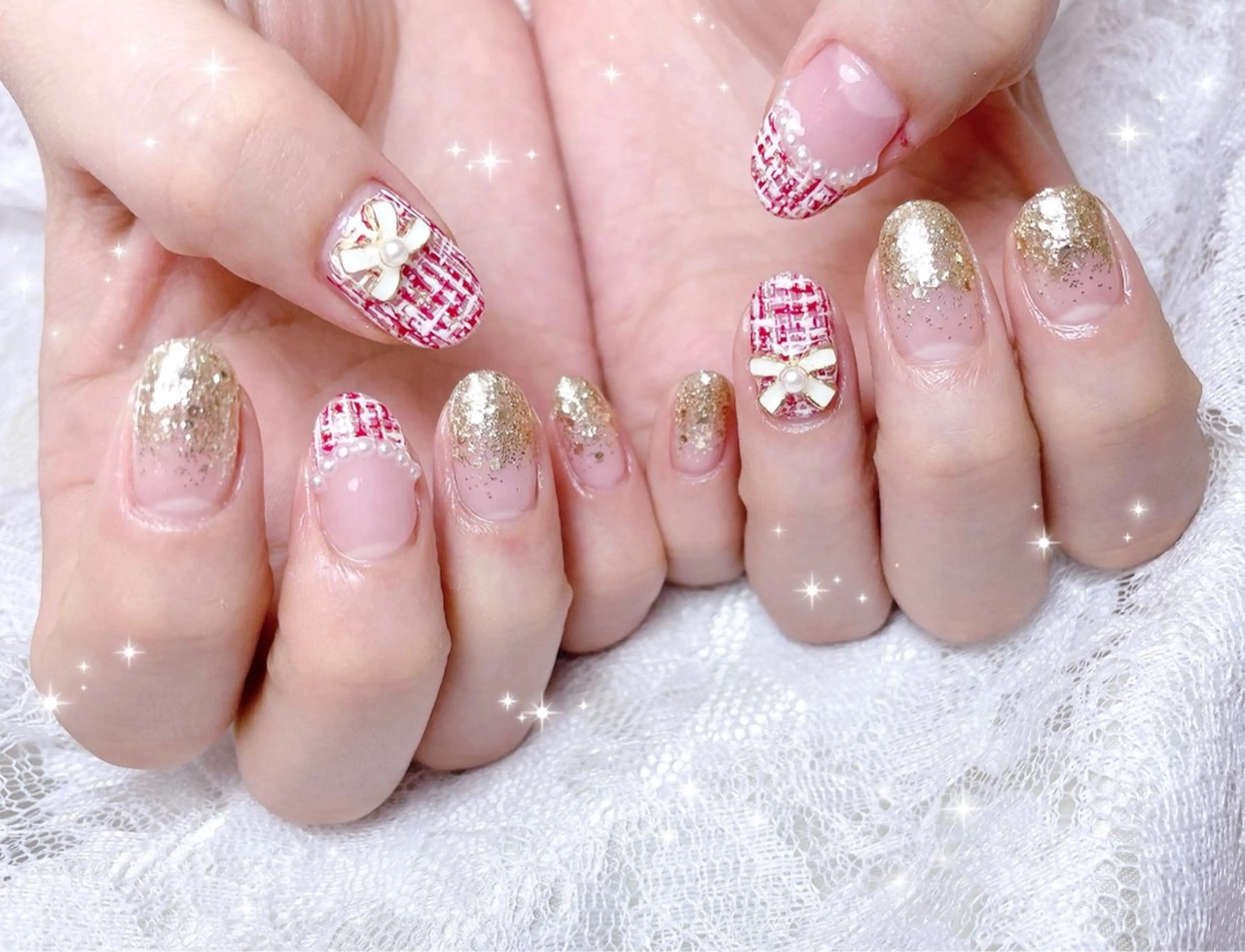 ネイル 赤色 ツイードネイル ハンドネイル FLARE NAIL フレアネイルのネイルデザイン