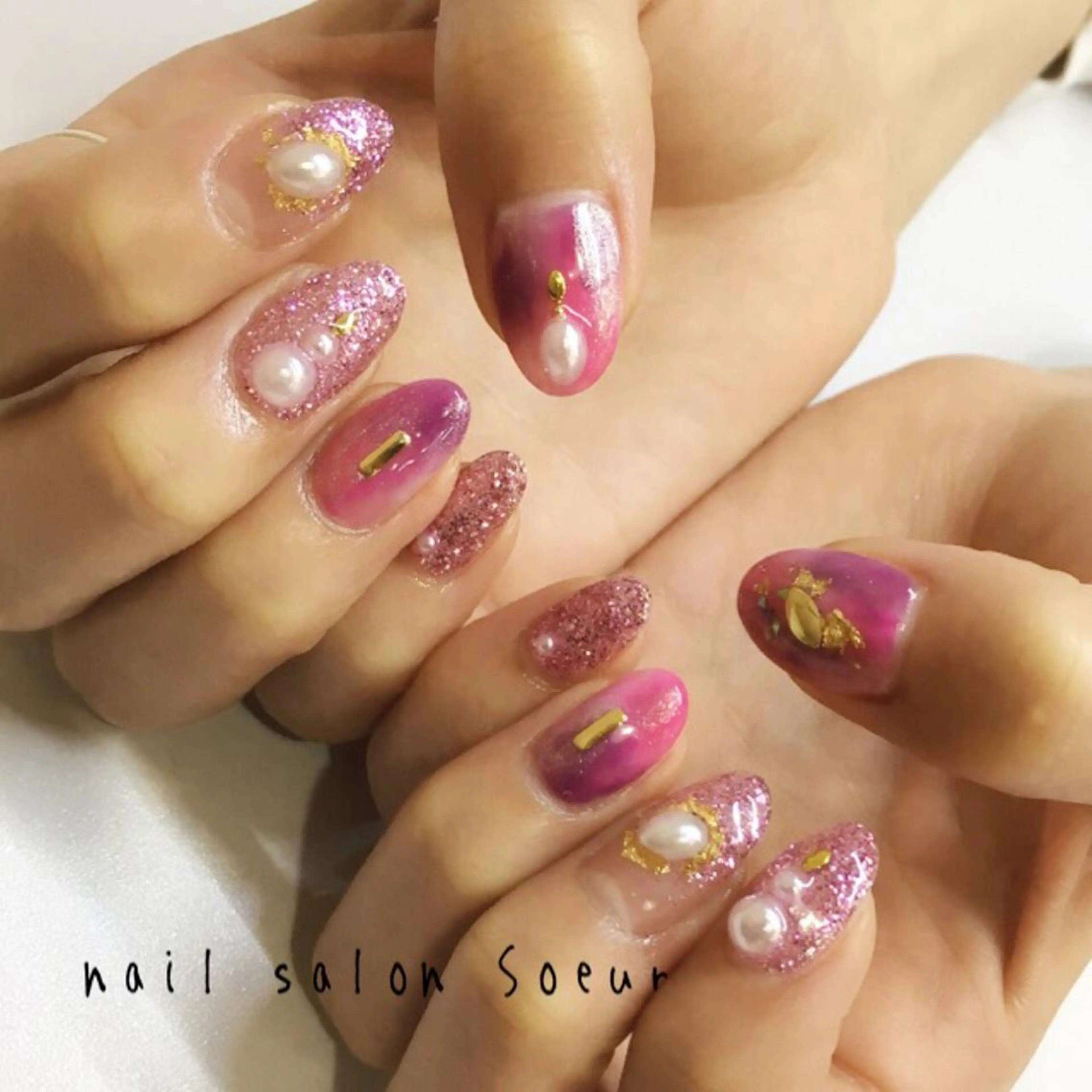 ネイル アートネイル ジェルネイル キラキラネイル ピンク パープル ハンドネイル nail salon Soeurのネイルデザイン