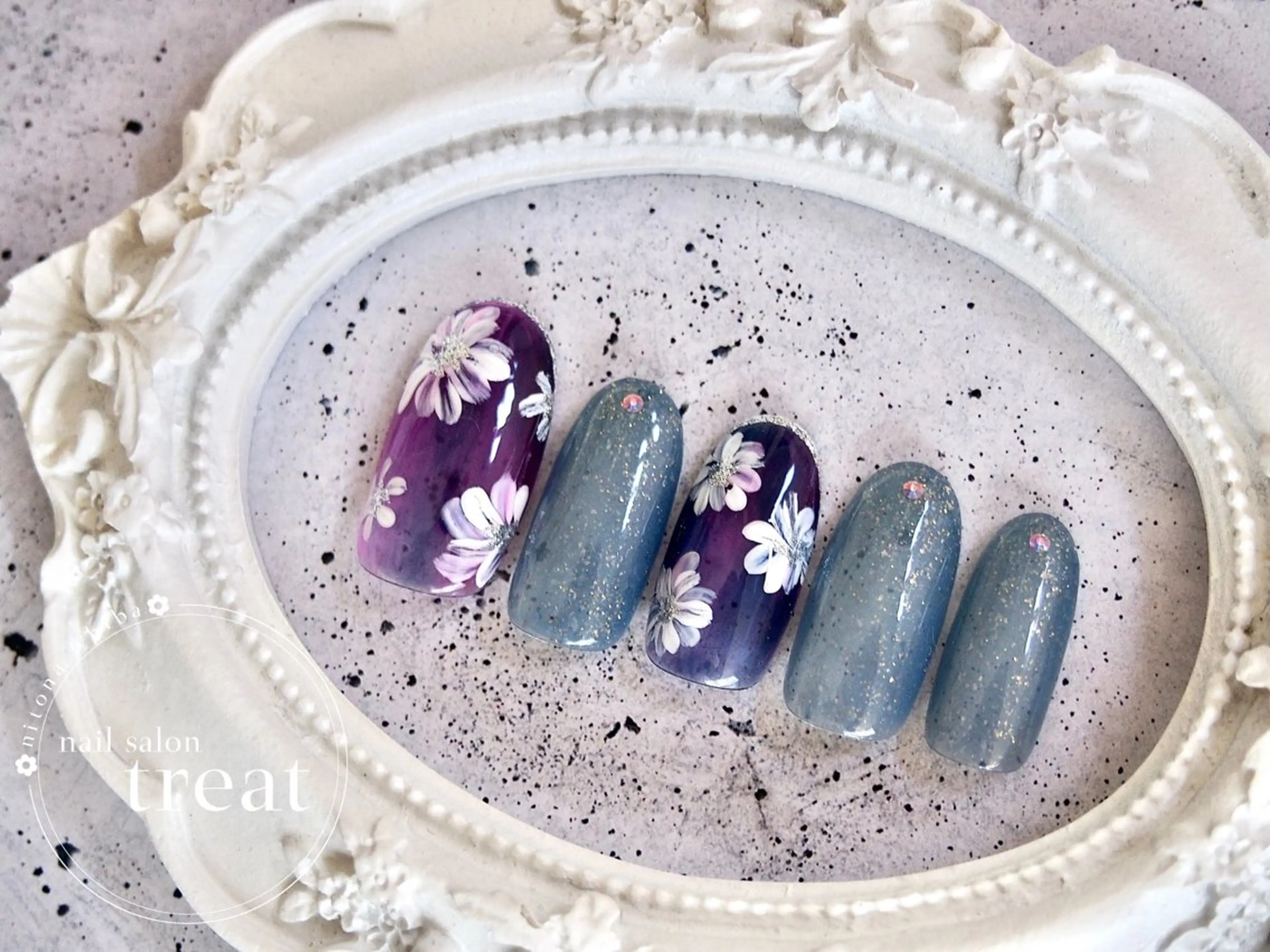 ネイル ブルー クリアネイル フラワーネイル 大理石ネイル(マーブル) パープル nail salon treat あいのネイルデザイン