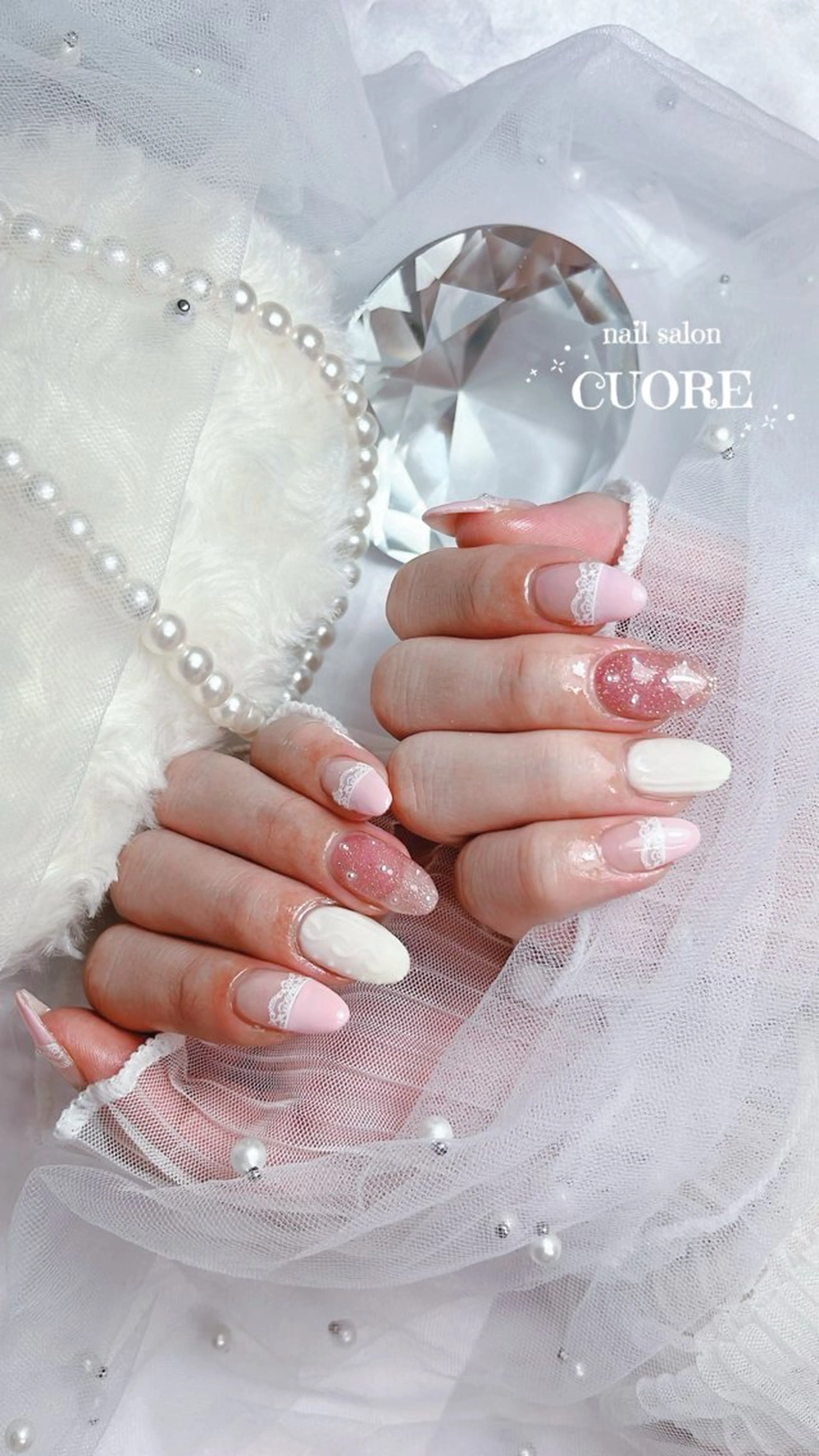 ネイル フラッシュネイル フレンチネイル レース 冬ネイル ハンドネイル CUORE____nail所属・nail salon CUOREのネイルデザイン