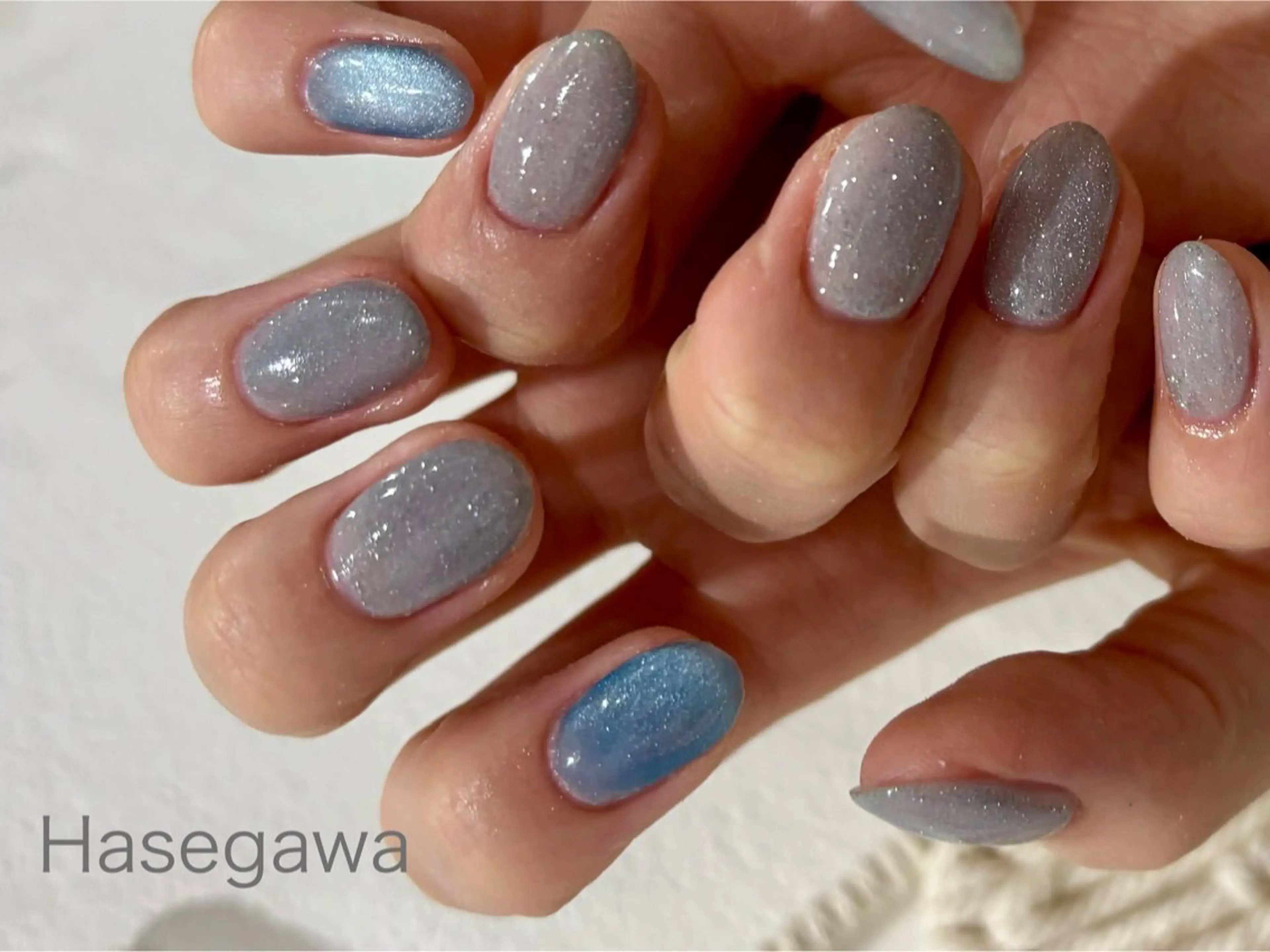 ネイル ブルー フラッシュネイル シルバー ハンドネイル DROP所属・DROP 長谷川のネイルデザイン