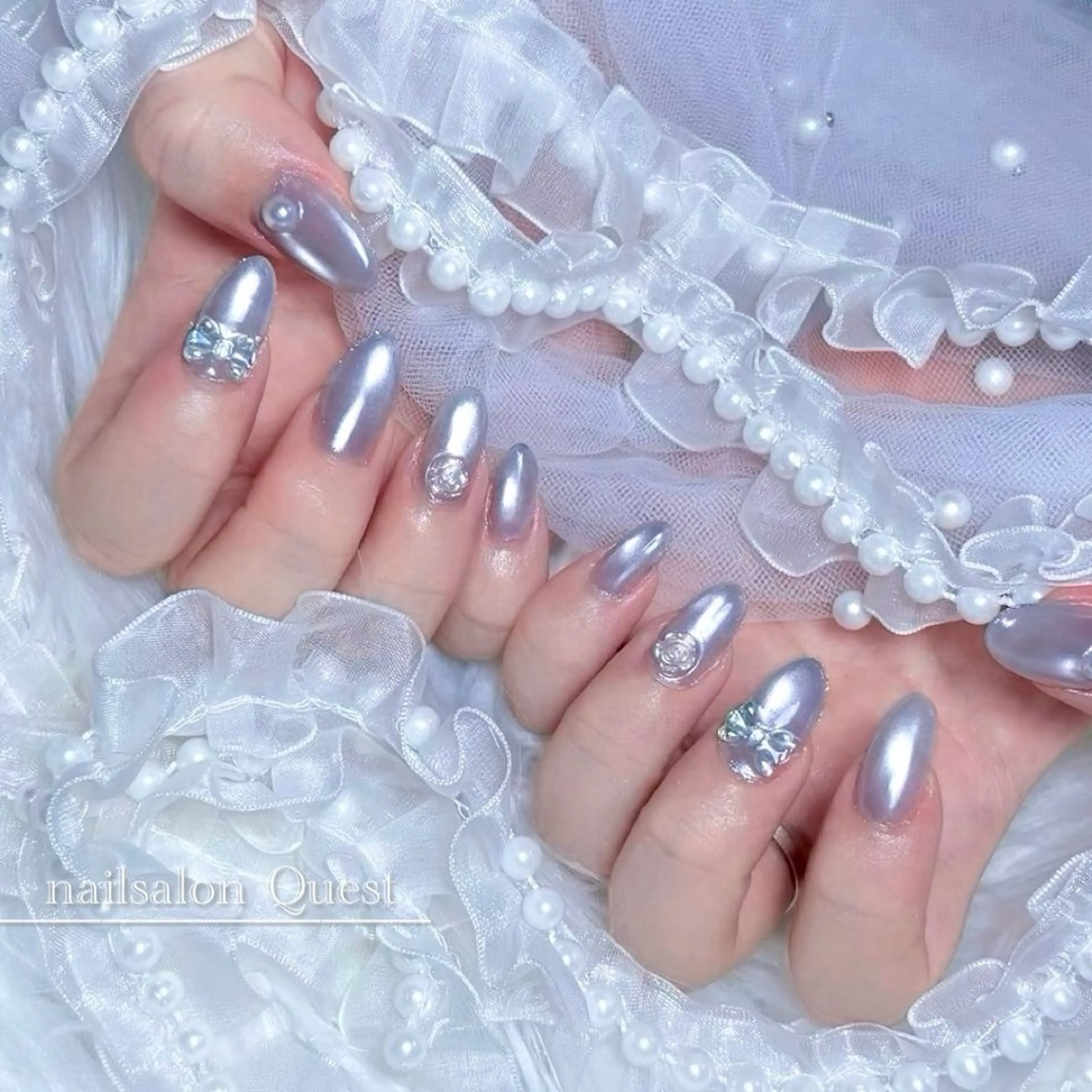 ネイル オーロラネイル リボン ハンドネイル nailsalon Questのネイルデザイン