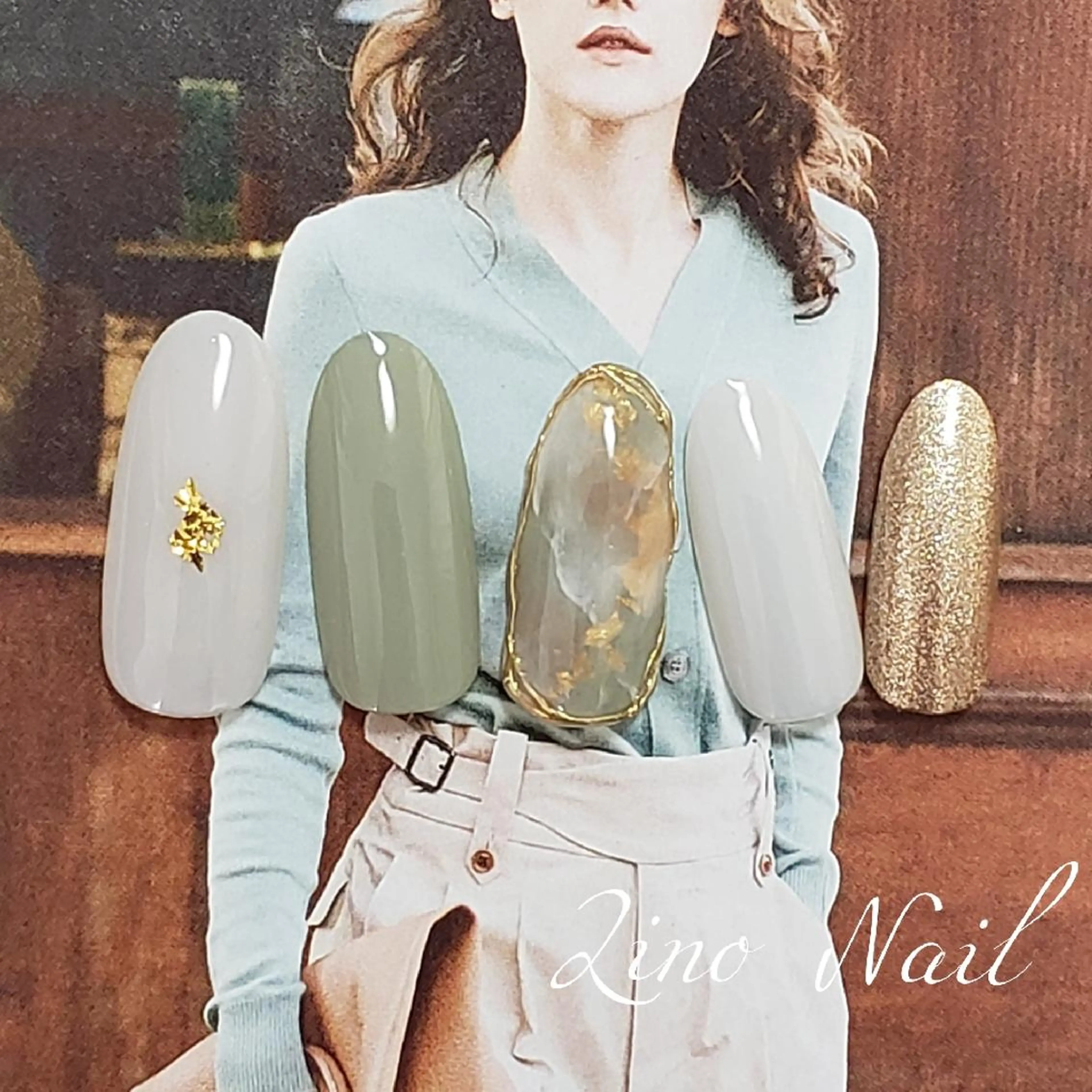 ネイル カジュアル ジェルネイル ゴールド グリーン ラメ(グリッター) ハンドネイル Lino Nailのネイルデザイン