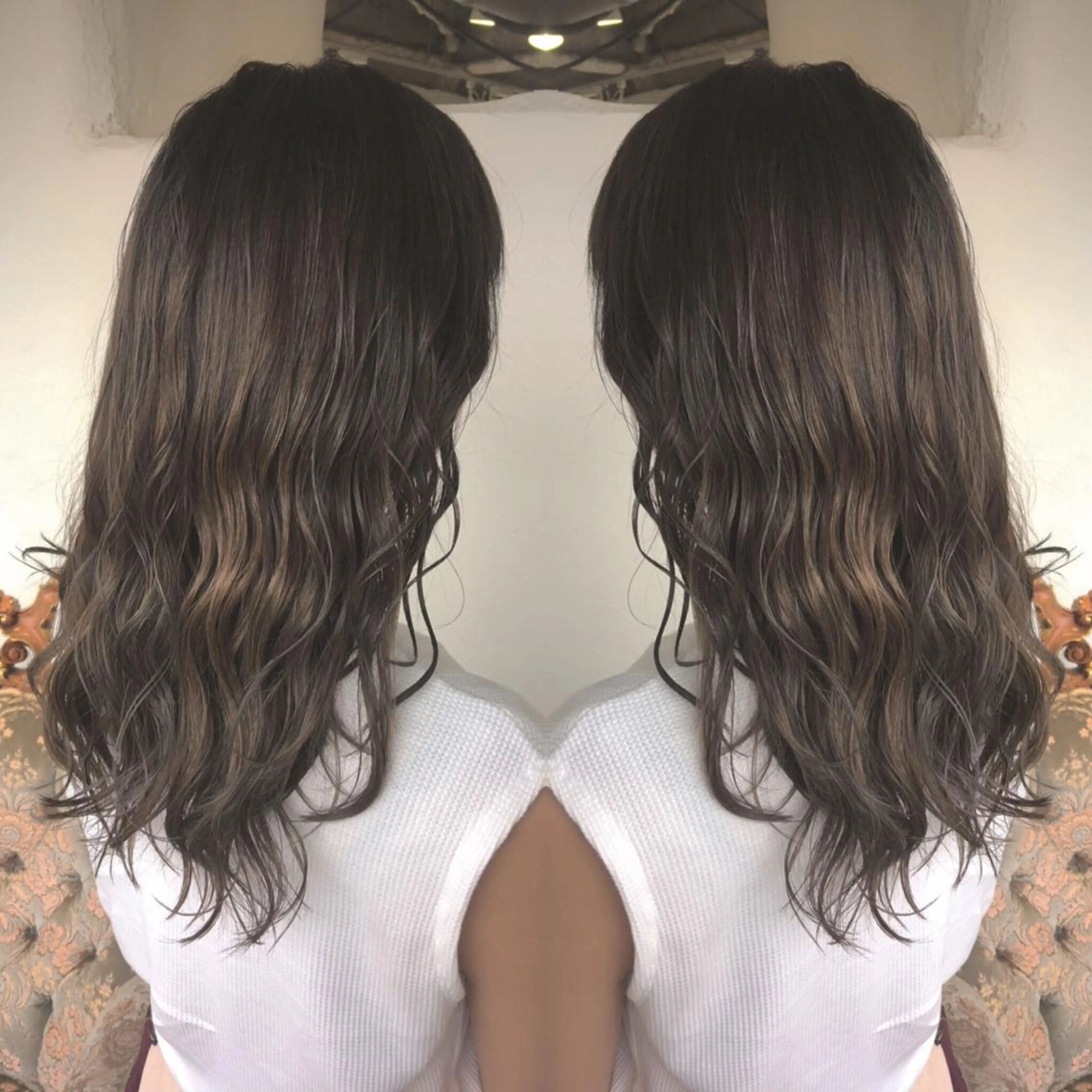 ロング カラー パーマ ヘアアレンジ グレージュ エグチ アキラのヘアスタイル