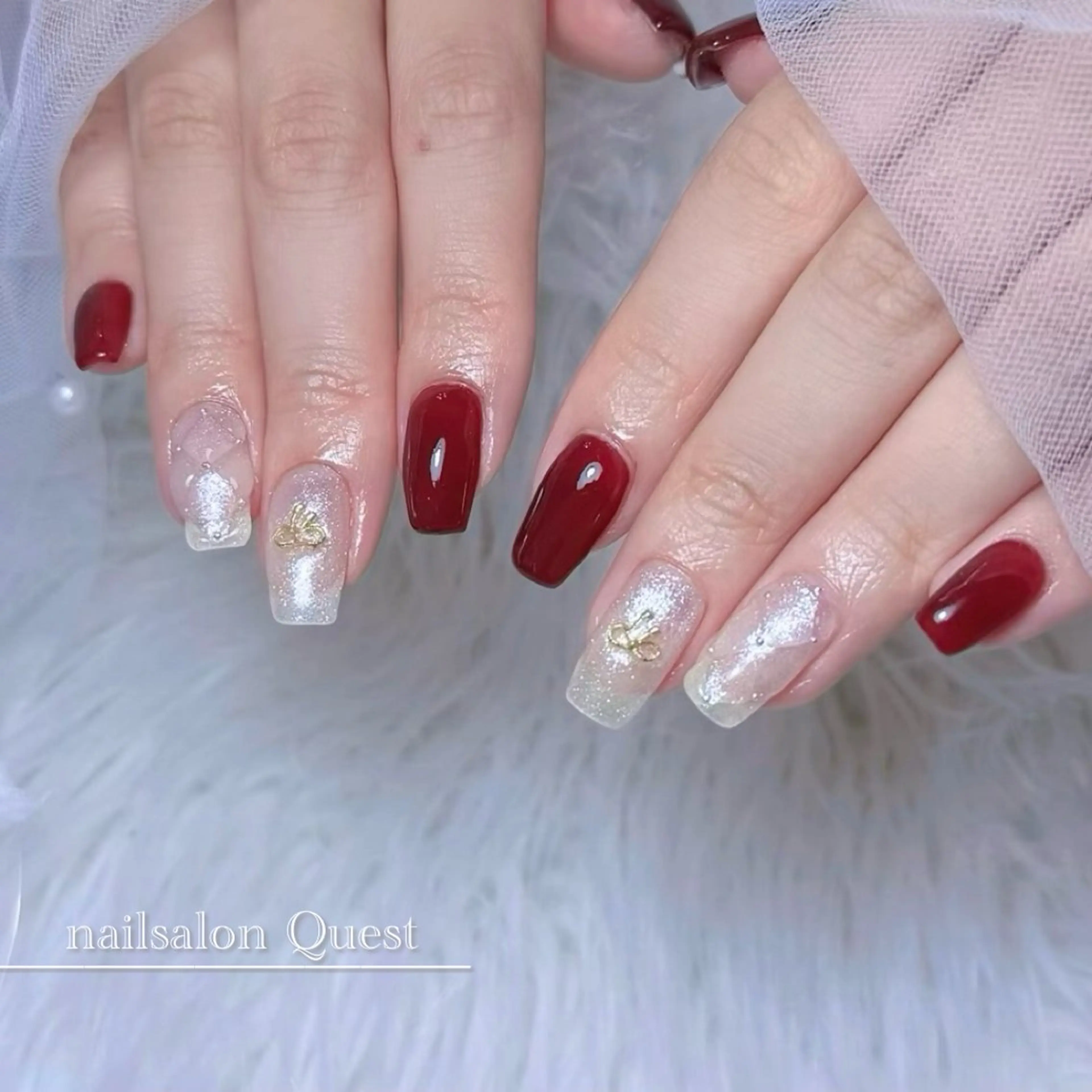 ネイル 赤色 リボン シンプルネイル ハンドネイル nailsalon Questのネイルデザイン