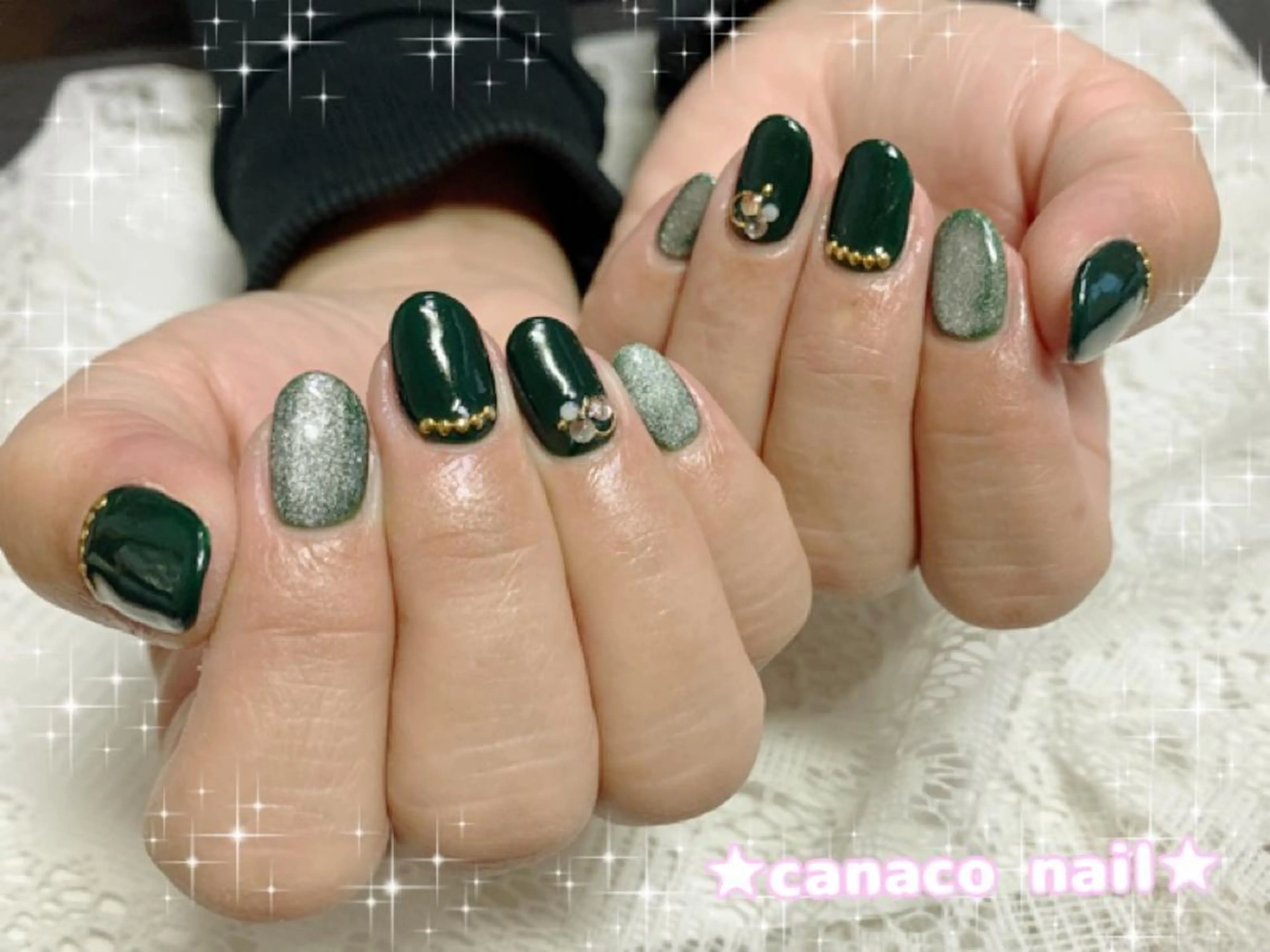 ネイル アートネイル ジェルネイル グリーン マグネットネイル パラジェル ハンドネイル ハンドケア Felice所属・ベテランネイル cnc  nailのネイルデザイン