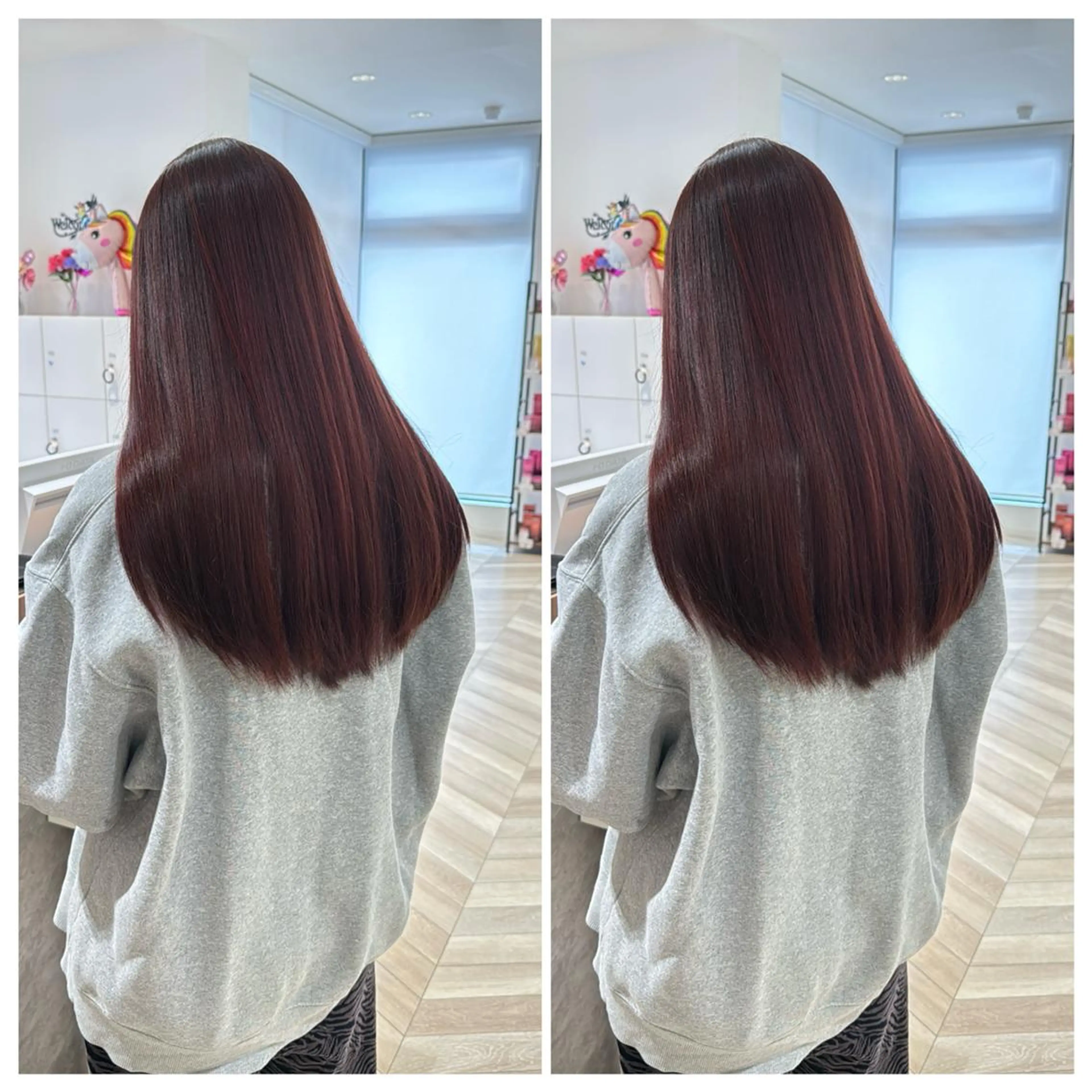 カラー ロング ブリーチ ボルドーカラー ダブルカラー ブリーチなしカラー 顔周りレイヤーカット 透明感カラー達冨のヘアスタイル