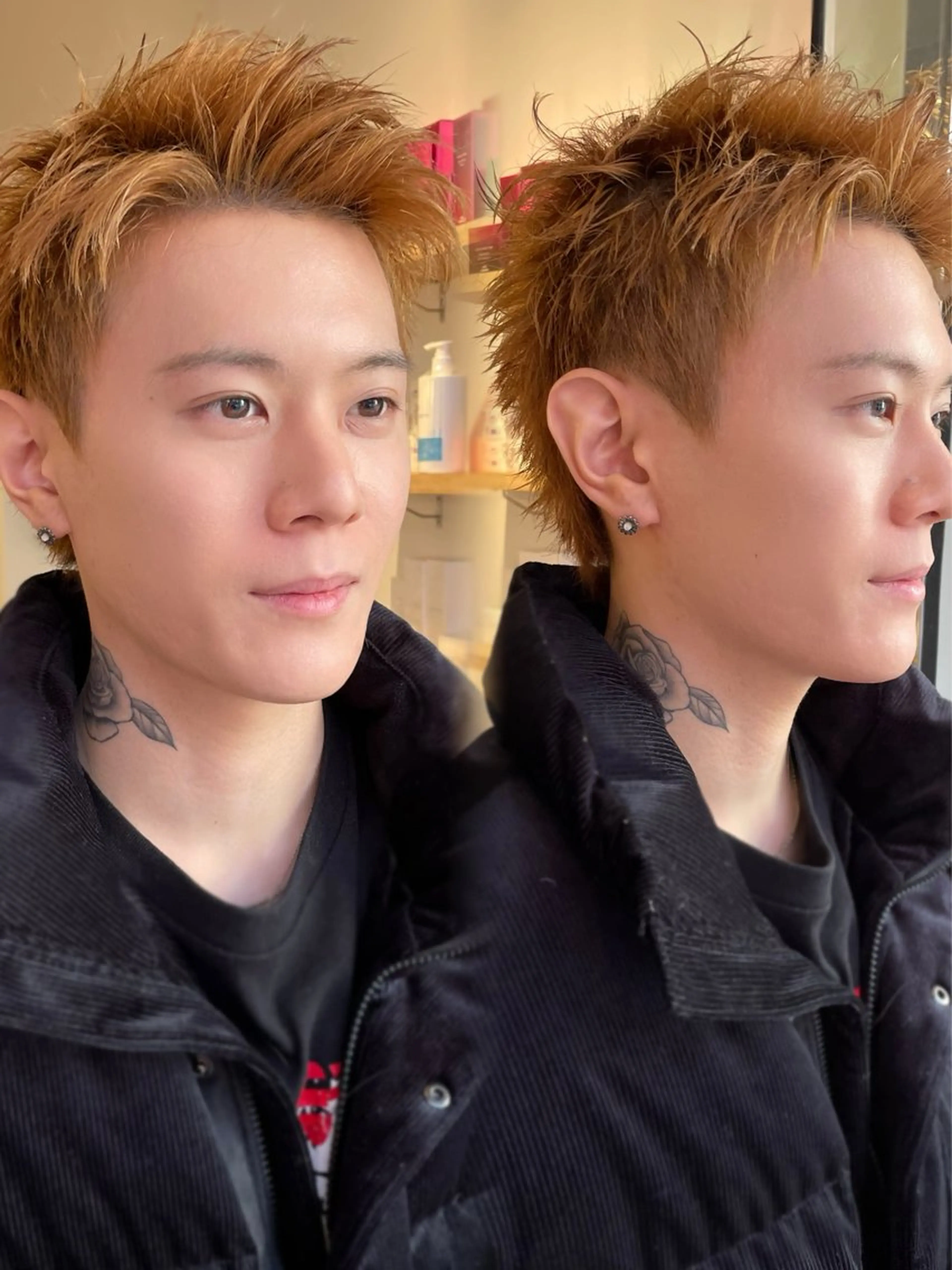 ショート カラー メンズ センターパート ダウンパーマ フェザーパーマ メンズハイライト メンズ韓国風 藤崎百道メンズカット Zina/森井唯央のヘアスタイル