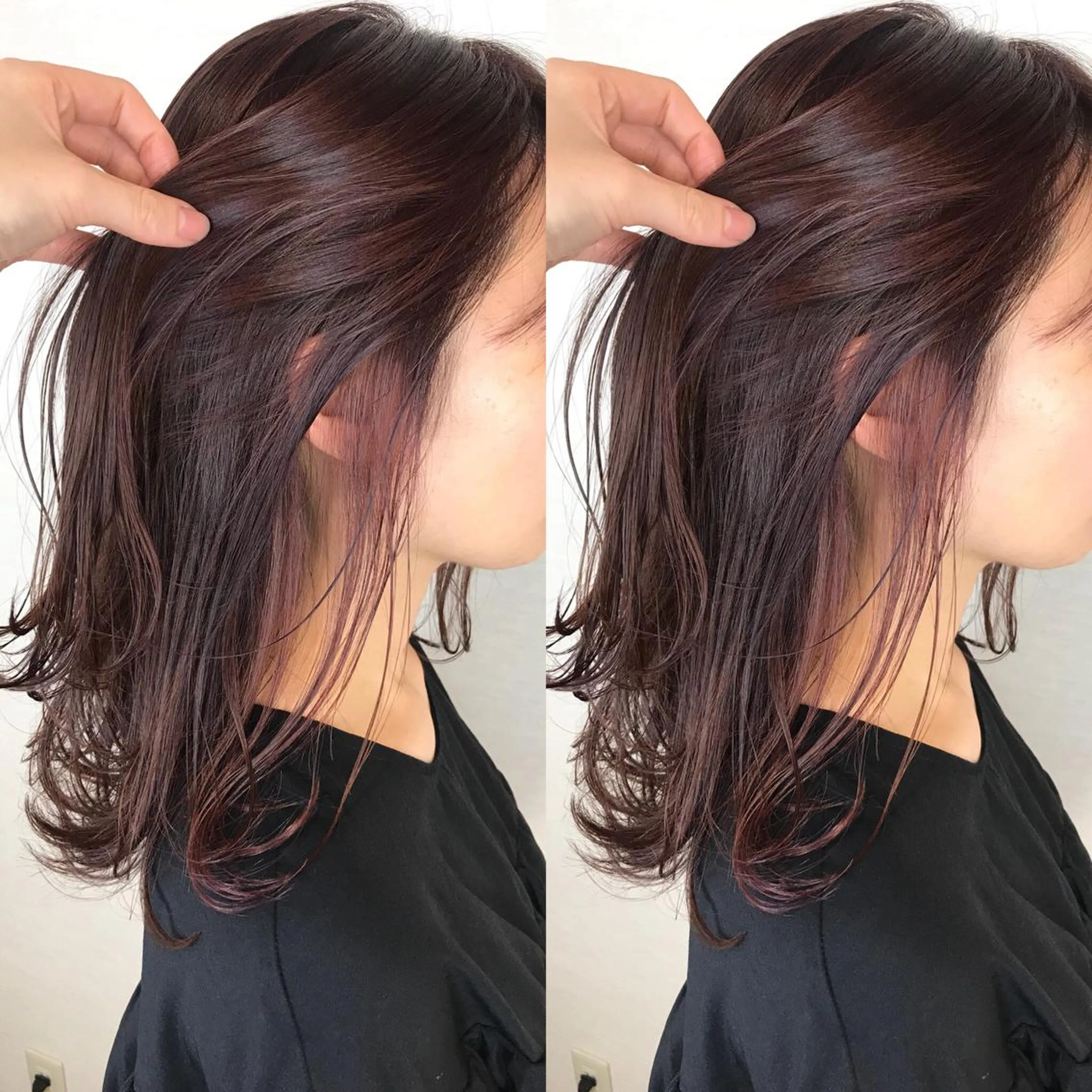 セミロング カラー ハイライトカラー ピンクカラー ハイライト 韓国レイヤーカット/ ダブルカラーのヘアスタイル