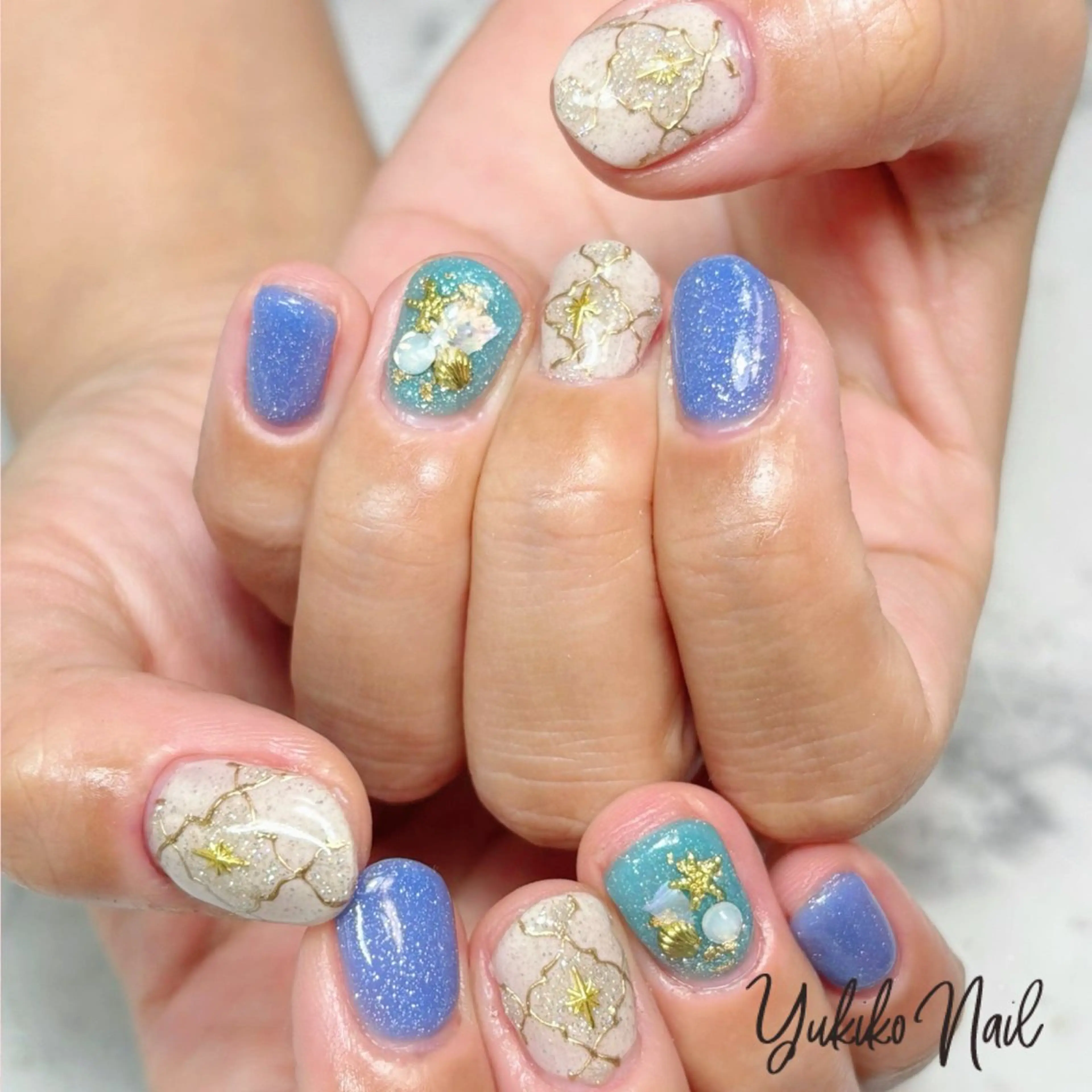 ネイル ブルー 夏ネイル ハンドネイル ユキコ ネイルのネイルデザイン