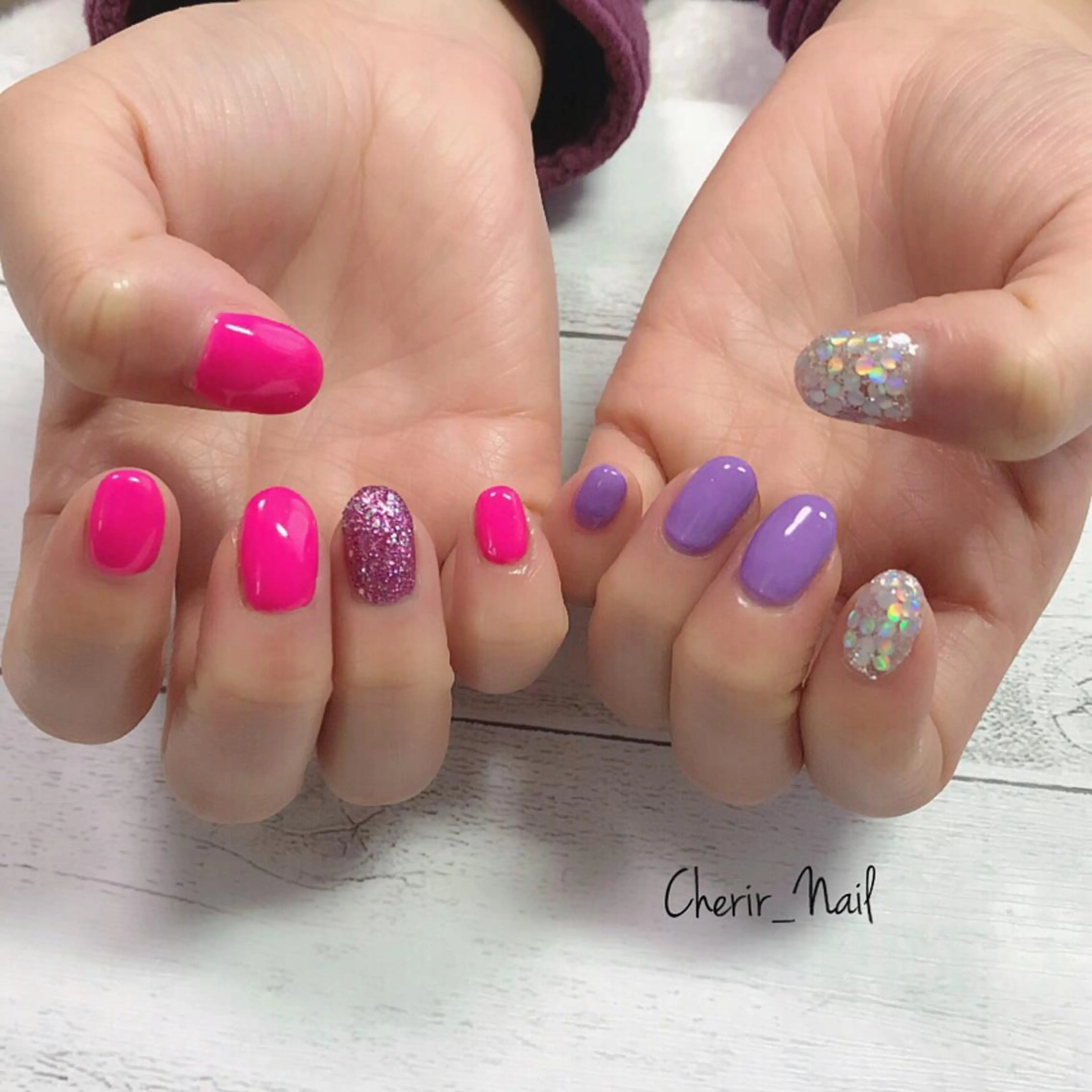 ネイル カジュアル ラメ(グリッター) ワンカラーネイル ピンク パープル Cherirnail kaoriのネイルデザイン