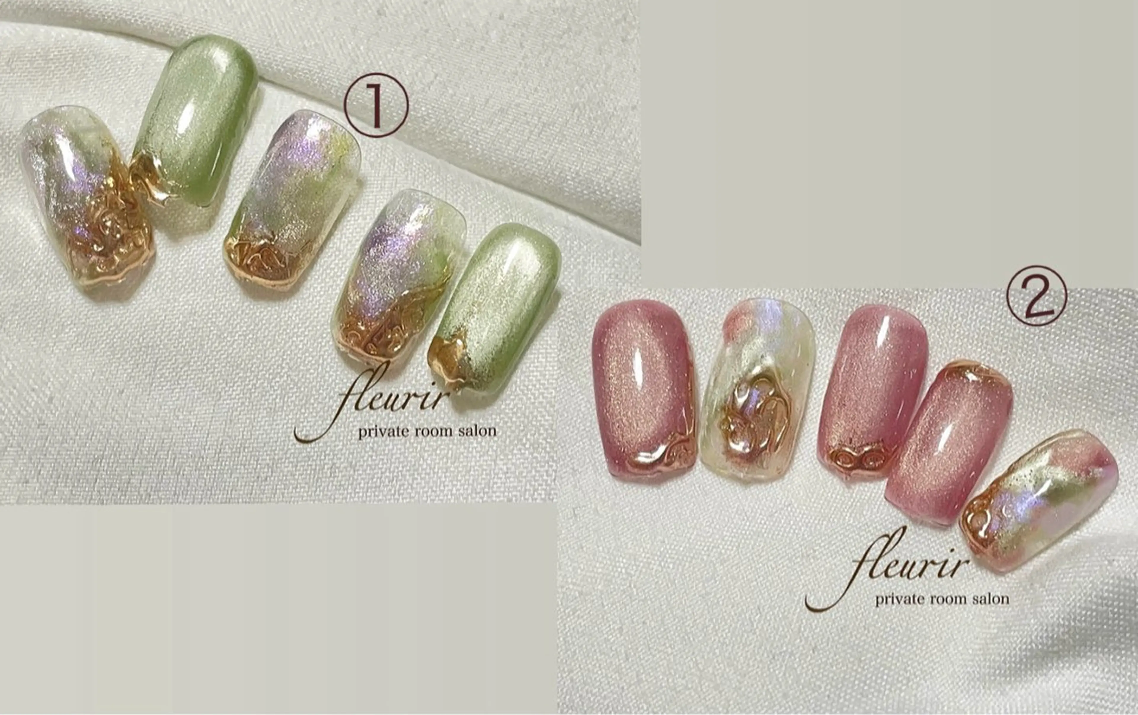 ネイル アートネイル クリアネイル ゴールド グリーン マグネットネイル ハンドネイル フルリール 【プライベートサロンのネイルデザイン