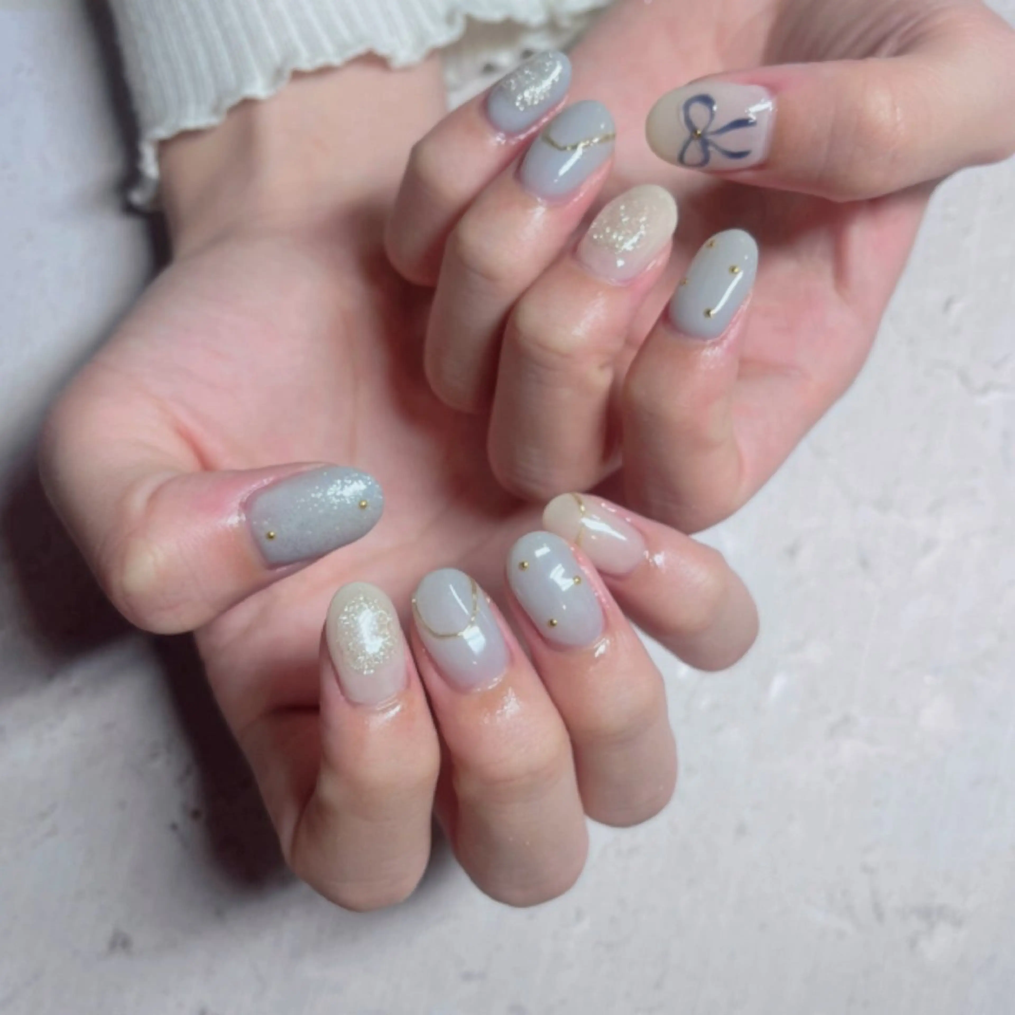 ネイル ブルー リボン ハンドネイル nail patio yukiのネイルデザイン