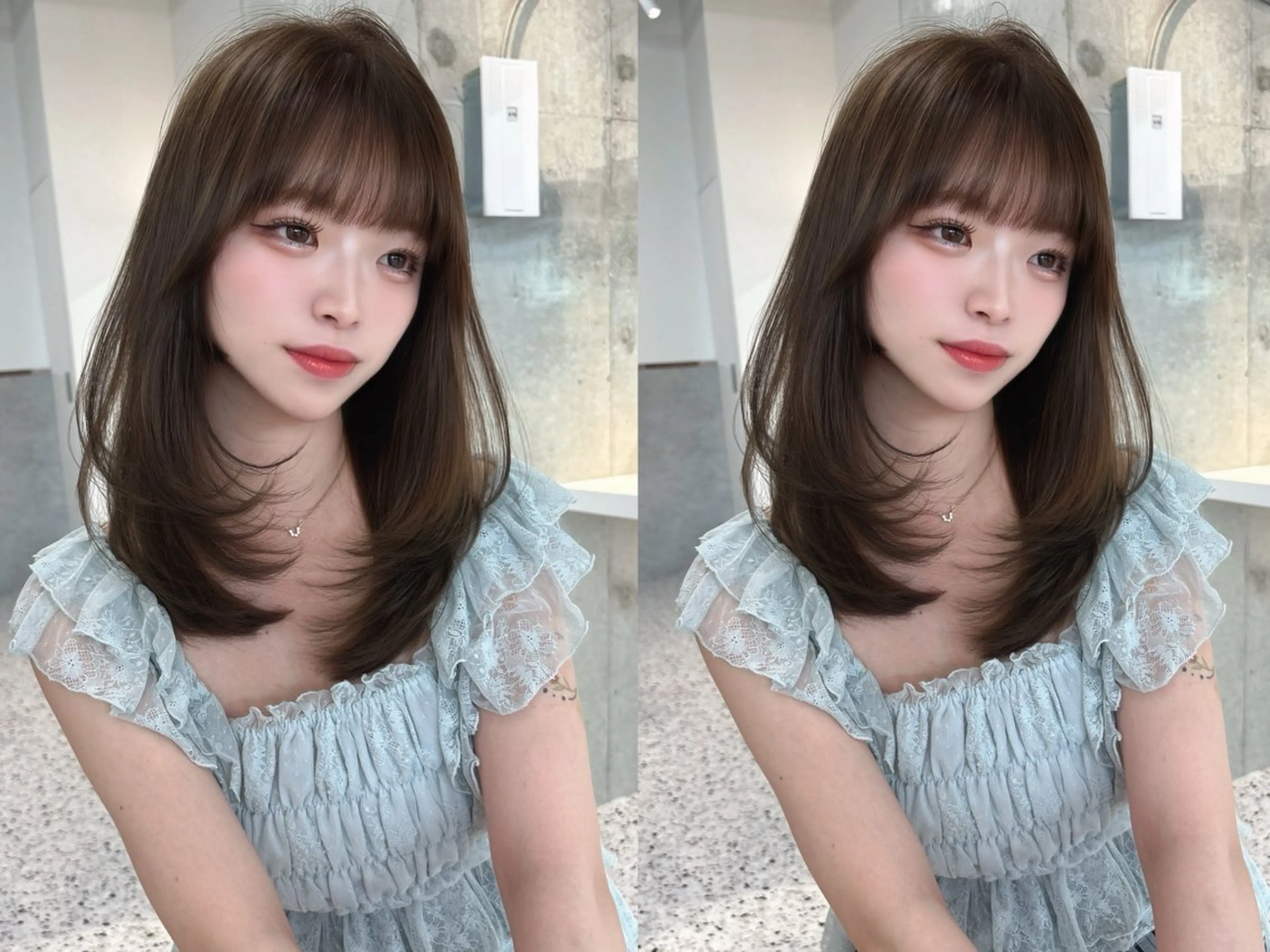 セミロング カラー ブリーチ 透明感カラー ブリーチなしカラー くびれヘア 顔まわりレイヤー カット ヘアカラー トリートメント ✨レイヤー/韓国 /✨ヘア山下　遥のヘアスタイル