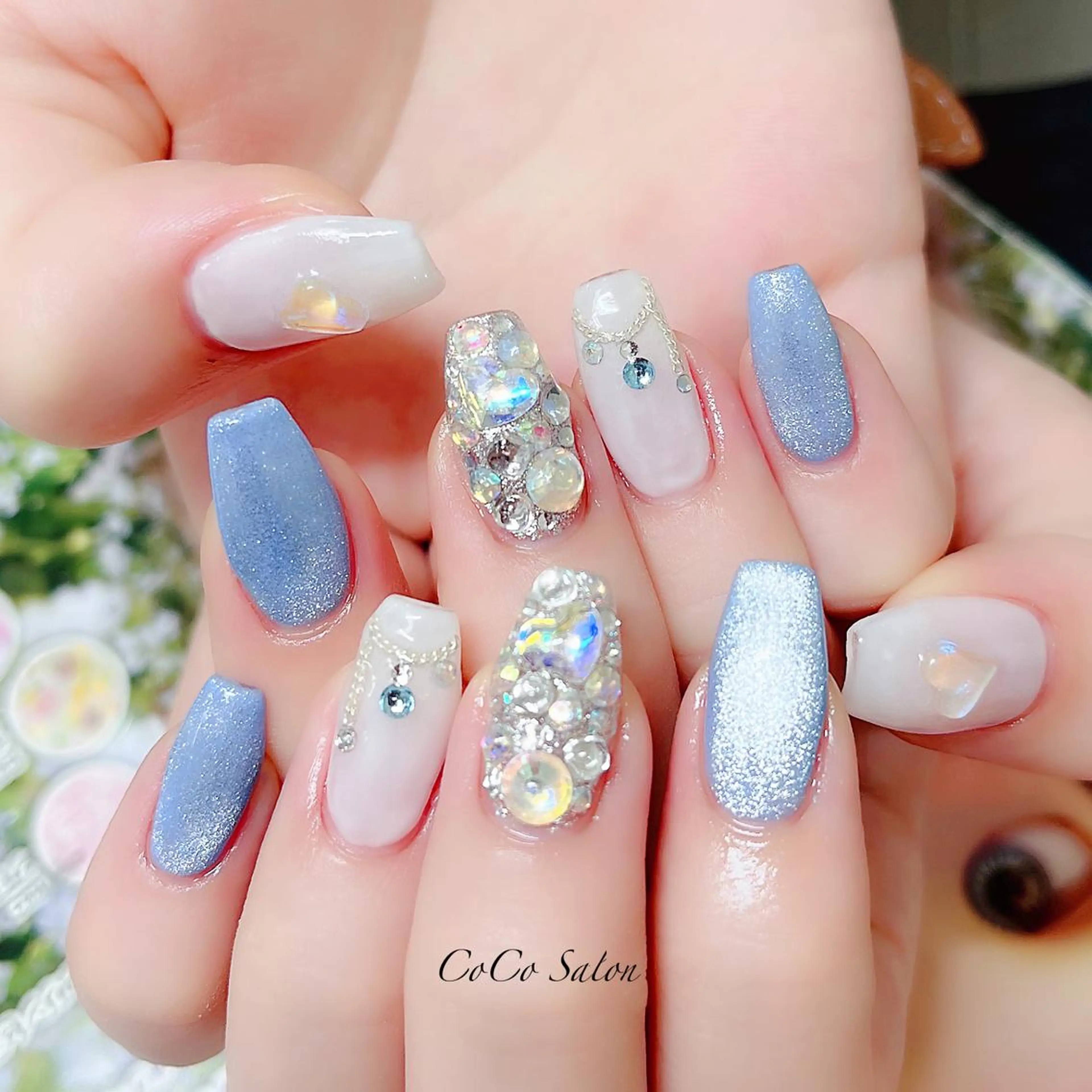 ネイル ブルー 成人式 長さ出し ジェルネイル ハート ハンドネイル CoCoSalon ネイル/まつ毛予約のネイルデザイン