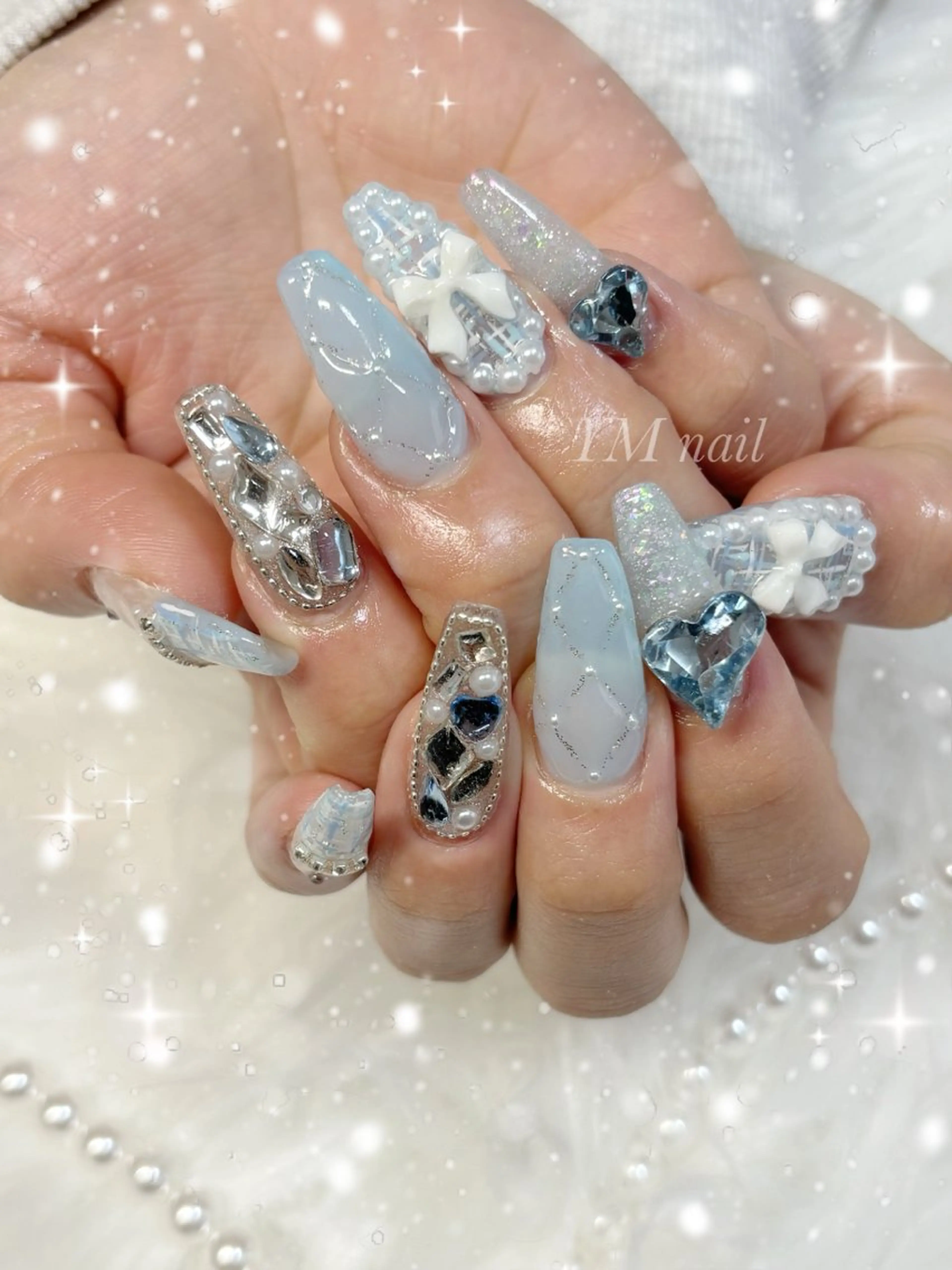 ネイル ハート 水色 リボン スカルプネイル ツイードネイル ハンドネイル YM nailのネイルデザイン